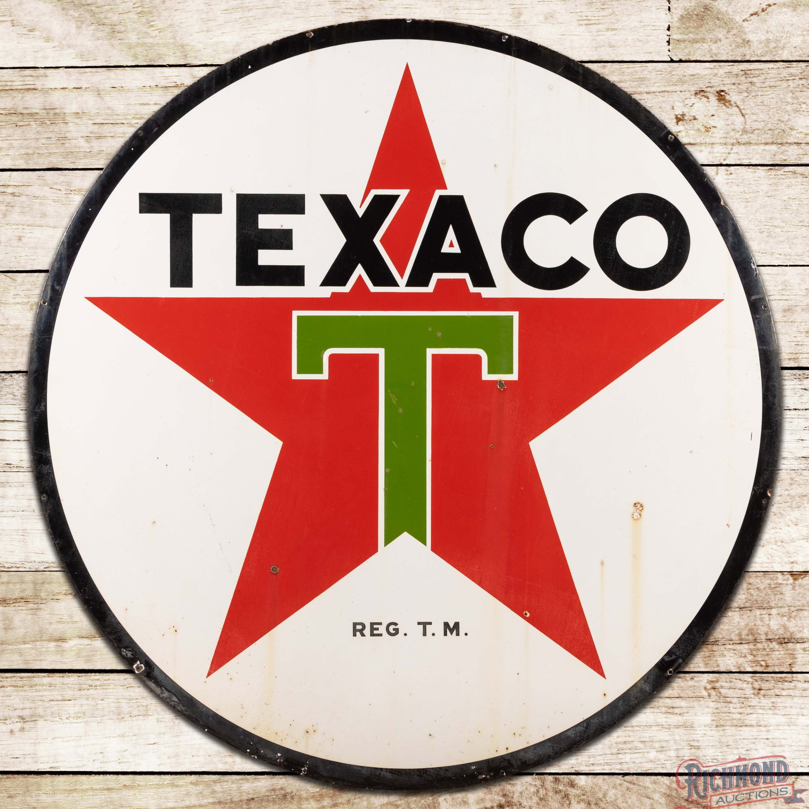 1947 Texaco Gasoline 6' Double Sided Porcelain Sign "White T" (1 of 3)