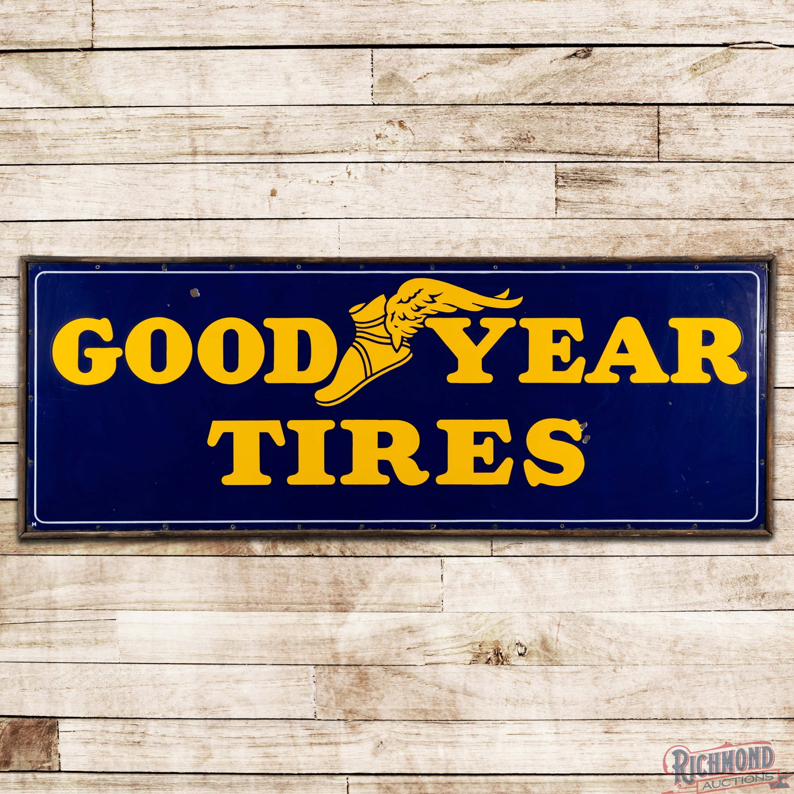 Goodyear Tires 8' Single Sided Porcelain Sign w/ Wingfoot Logo: SSP (single sided porcelain) sign with the factory wooden frame has excellent color and gloss. The field has light surface wear with chips in the right field and another in the upper left outer field.