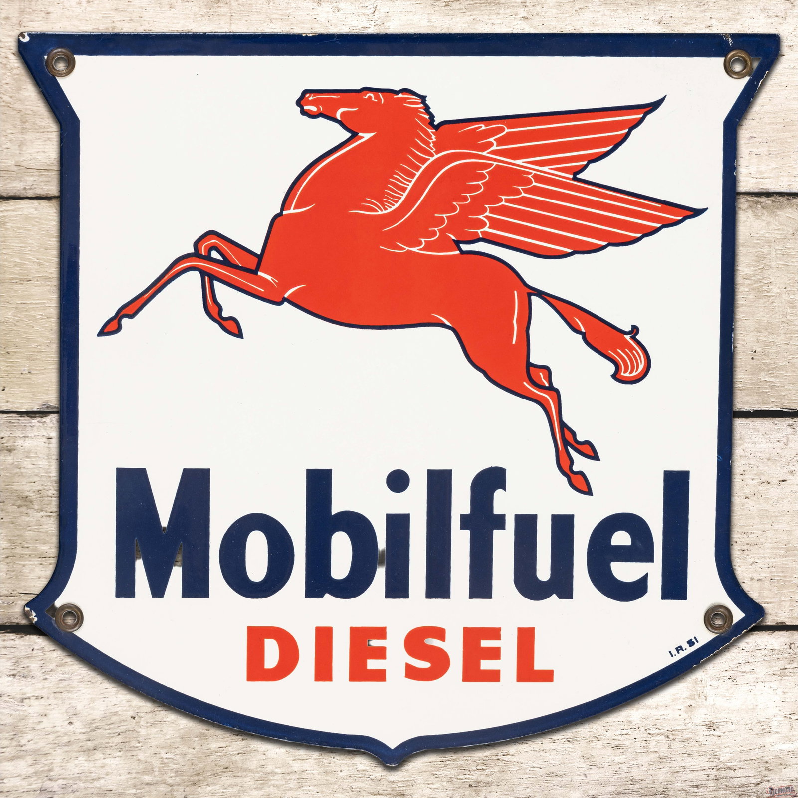 1951 Mobilfuel Diesel Single Sided Porcelain Gas Pump Plate Sign w/ Pegasus: SSP (single sided porcelain) pump plate has excellent color and gloss. The field is very clean overall with minor surface imperfections. The perimeter has tiny chips along the outer edges. All four fa