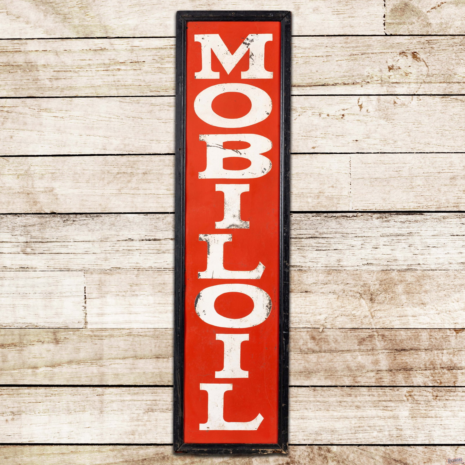 Mobiloil Service Station 5' Vertical Single Sided Tin Wood Framed Sign: SST (single sided tin) sign with the factory wooden frame has good color and shine. The field has surface wear with paint chips, scratches and small indentations. The perimeter has light bends along t