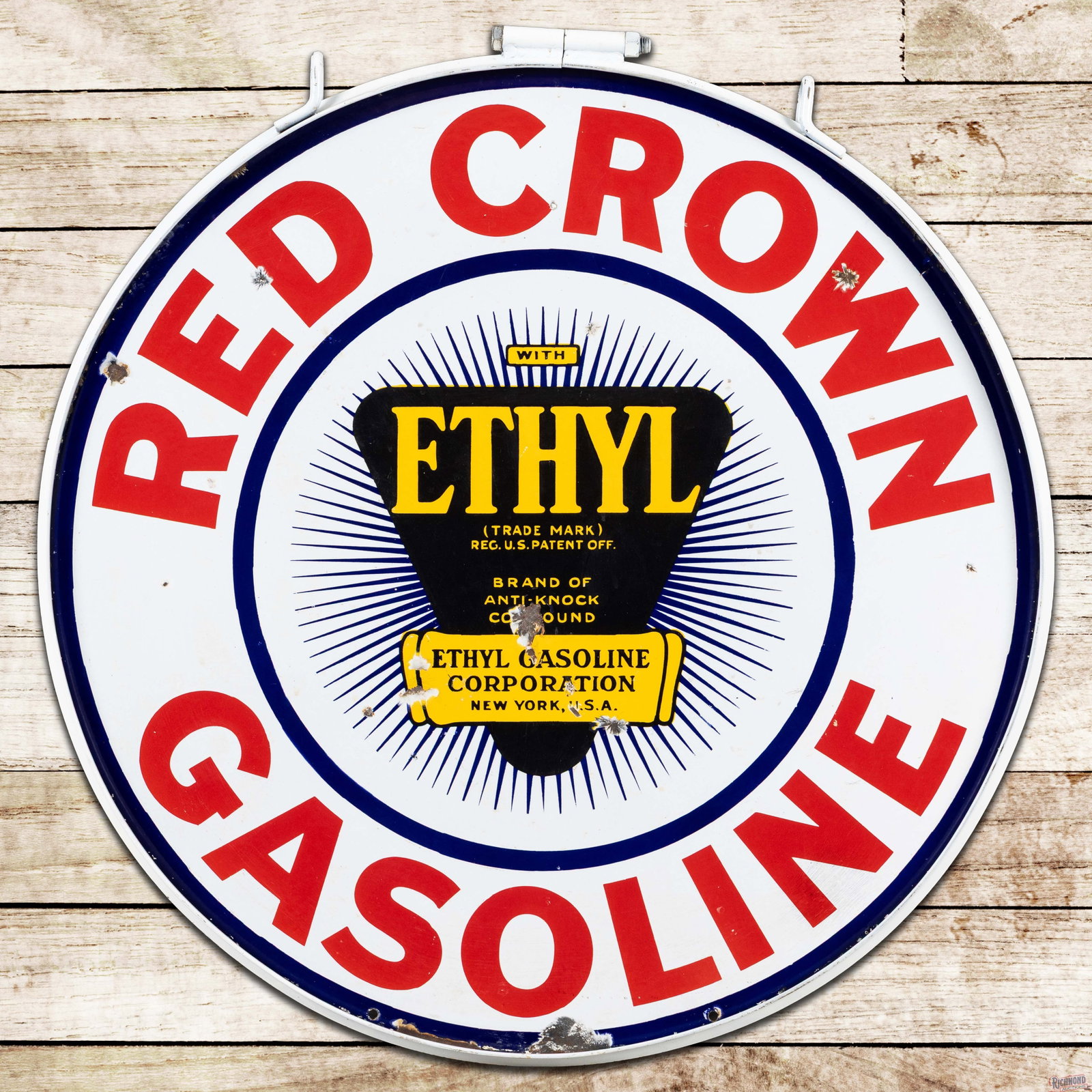 Red Crown Ethyl Gasoline 30" Double Sided Porcelain Sign w/ Burst & Ring: DSP (double sided porcelain) sign with metal ring has very good color and gloss. The display has chips and bruises in the fields. The perimeter has additional chips with two minor bends on the lower e