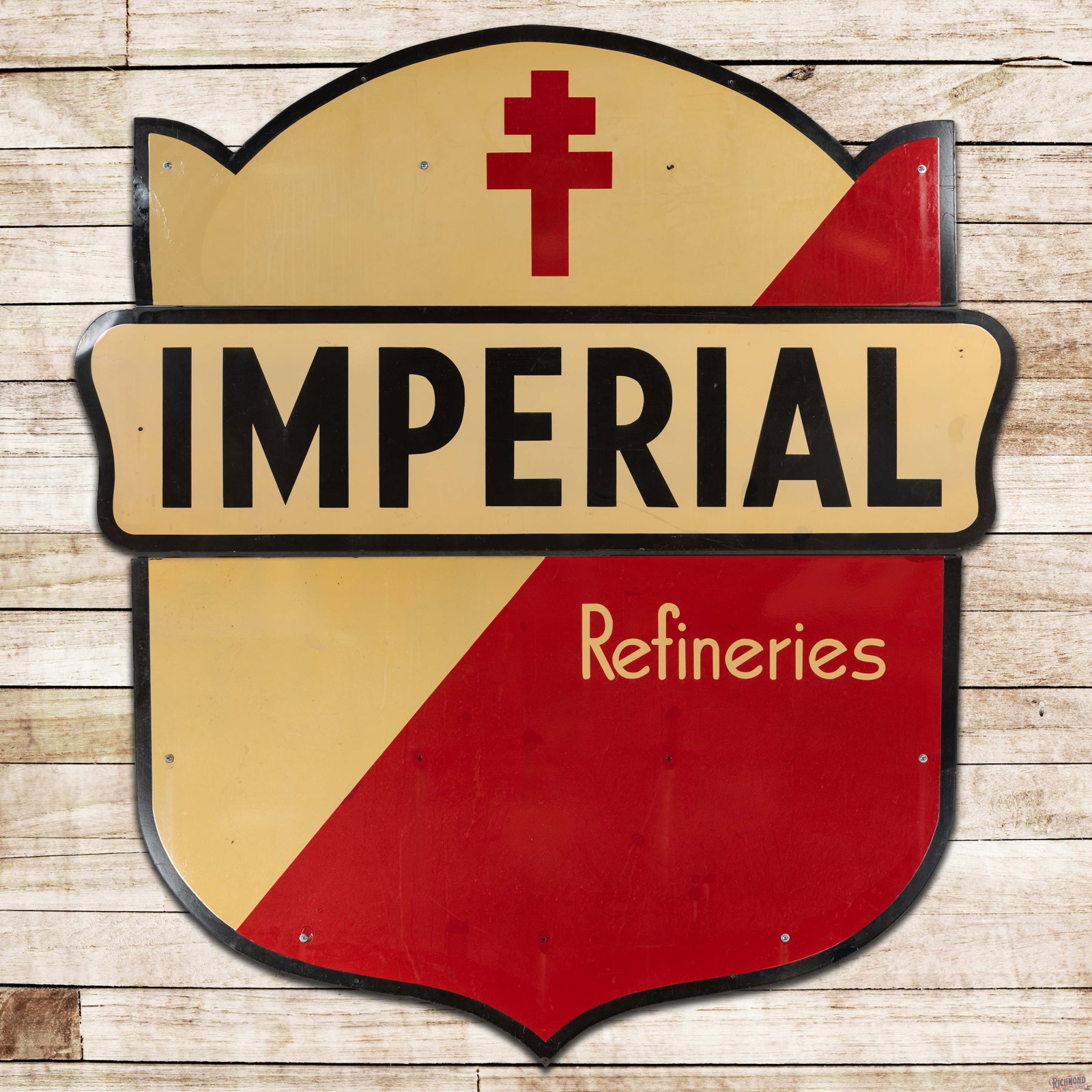 Imperial Refineries Gasoline 80" Single Sided Porcelain Die Cut Shield Sign: SSP (single sided porcelain) multi-piece sign has very good color and gloss. The field has fine scratches with color matched chips and surface marks. The perimeter has similar wear with a large area o