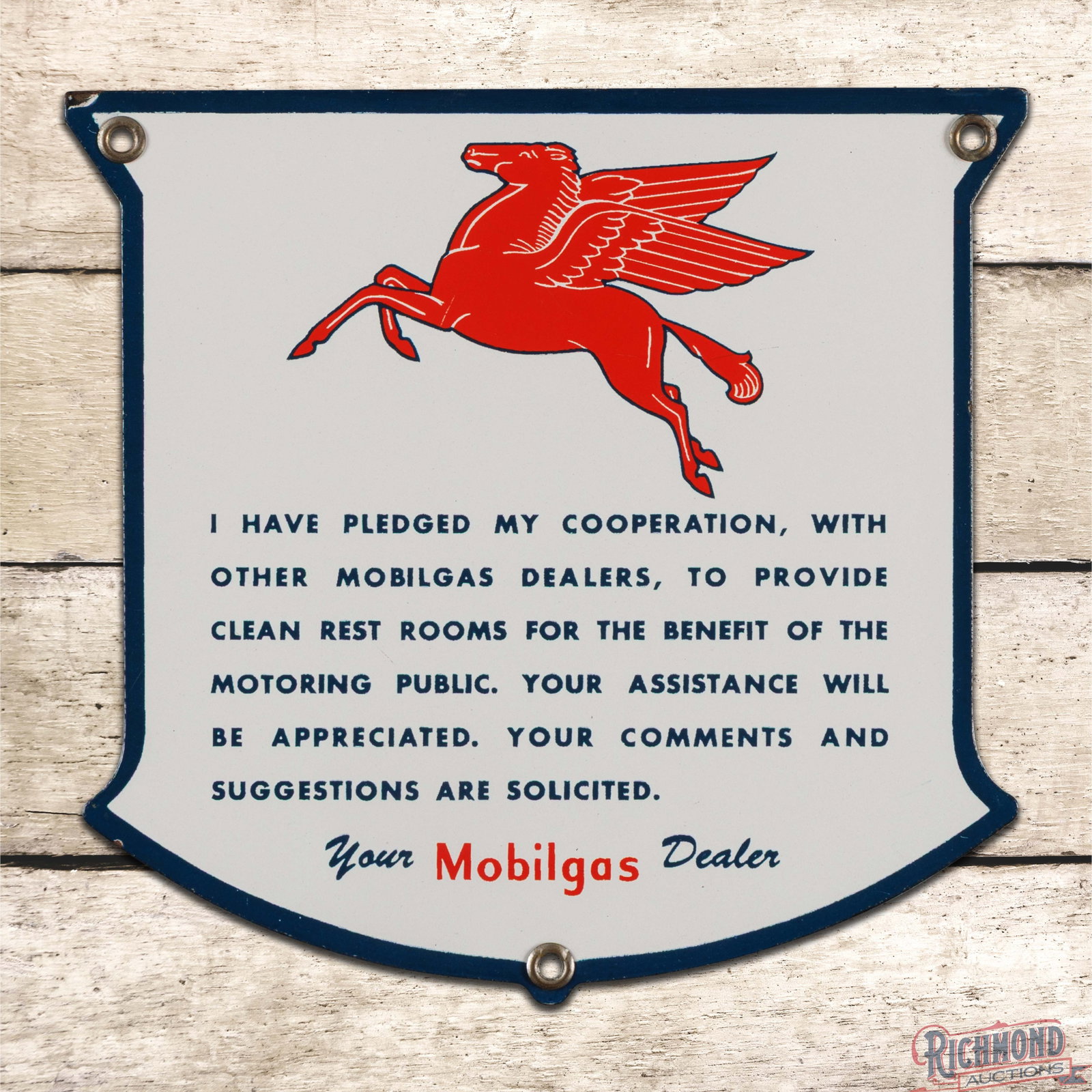 Mobilgas Rest Room Pledge Single Sided Porcelain Service Station Sign w/ Pegasus: SSP (single sided porcelain) die cut sign has excellent color and gloss. The field is very clean overall with light surface wear in the upper fields. The perimeter has a minor chip on the upper left c