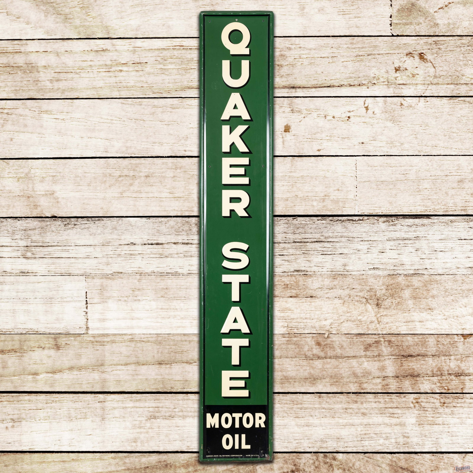 Quaker State Motor Oil 6' Emb. Single Sided Tin Sign: SST (single sided tin) embossed self-framed sign has excellent color and shine. The field has light wear with tiny paint chips in the lettering. The perimeter has small added holes on the upper and lo