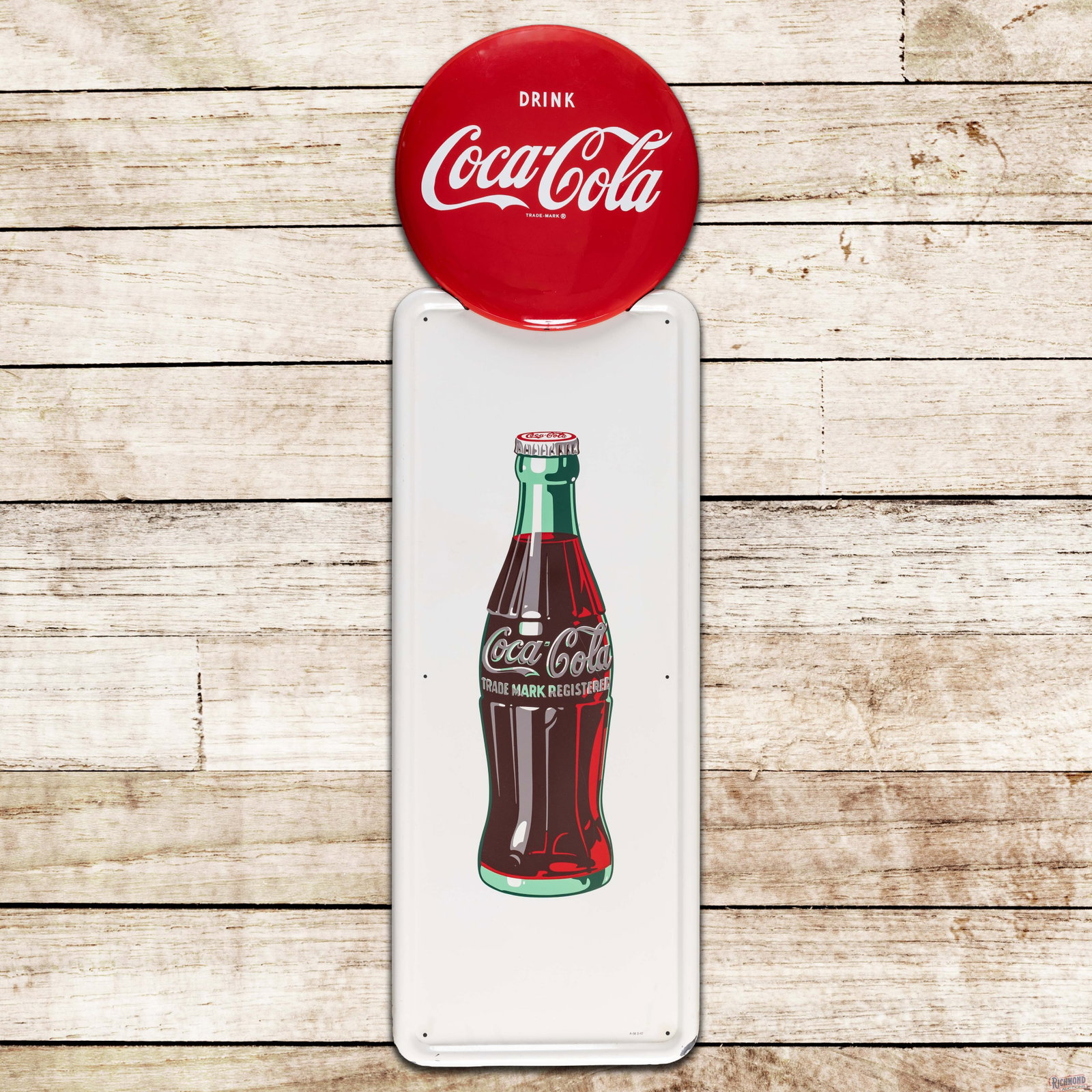 1947 Drink Coca Cola Single Sided Tin Pilaster Sign w/ Button: SST (single sided tin) multi-piece pilaster sign has excellent color and shine. The bottle sign has fine scratches on the right hand side of the graphic. The perimeter has areas of minor discoloration