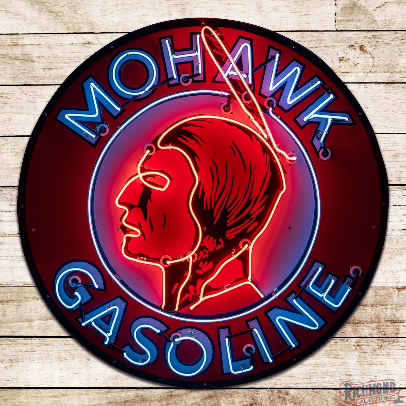 Amazing Mohawk Gasoline 4' Single Sided Porcelain Factory Neon Sign w/ Native American: Scarce SSP (single sided porcelain) factory neon sign with a new metal can has day one color and gloss. The sign features brilliant two-color neon with a large Native American graphic in the center fi