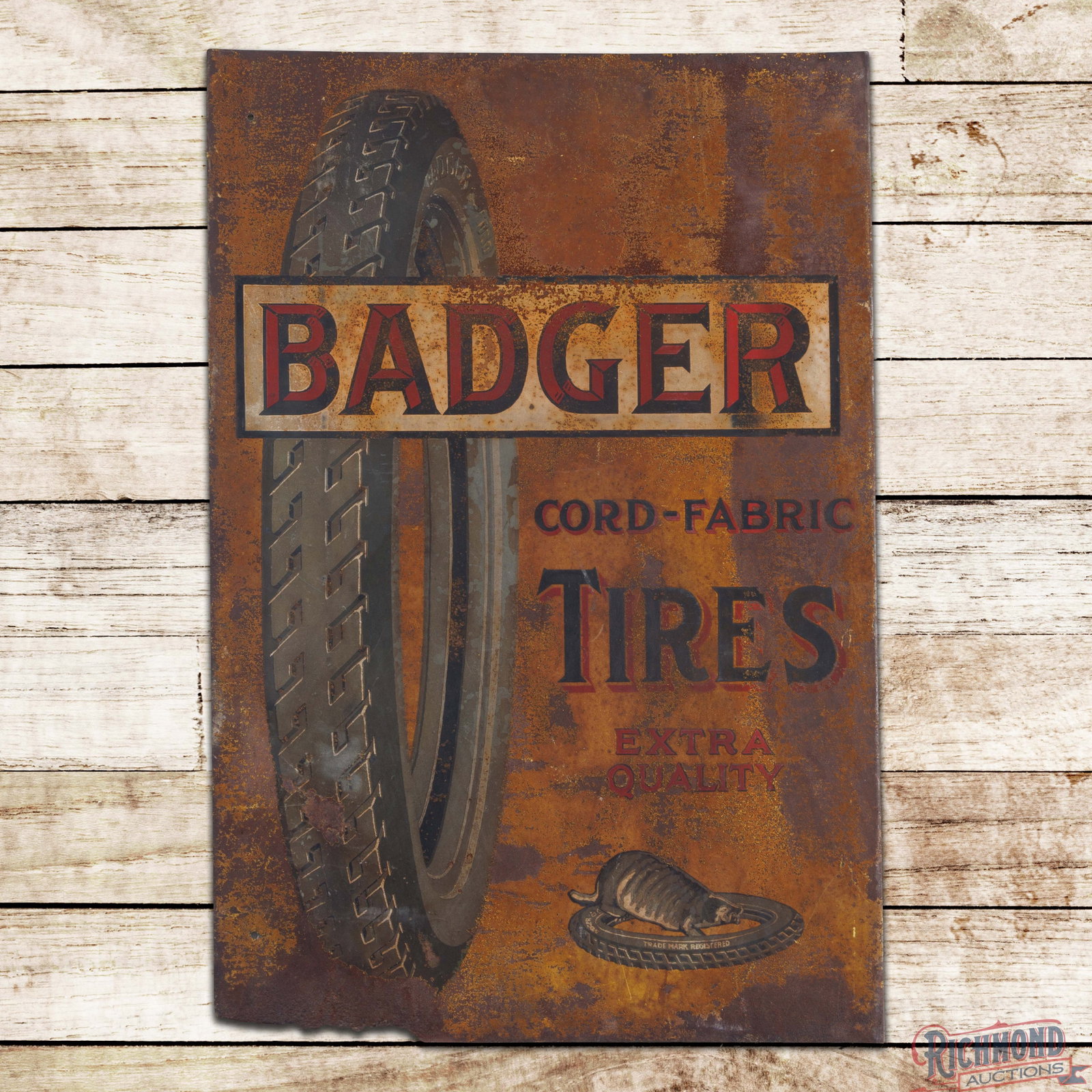Badger Cord Fabric Tires "Extra Quality" Double Sided Tin Flange Sign w/ Logo: Scarce DST (double sided tin) flange has good color. The display features an applied clear coat to enhance the finish. It exhibits general wear throughout with toning, oxidation and areas of paint los