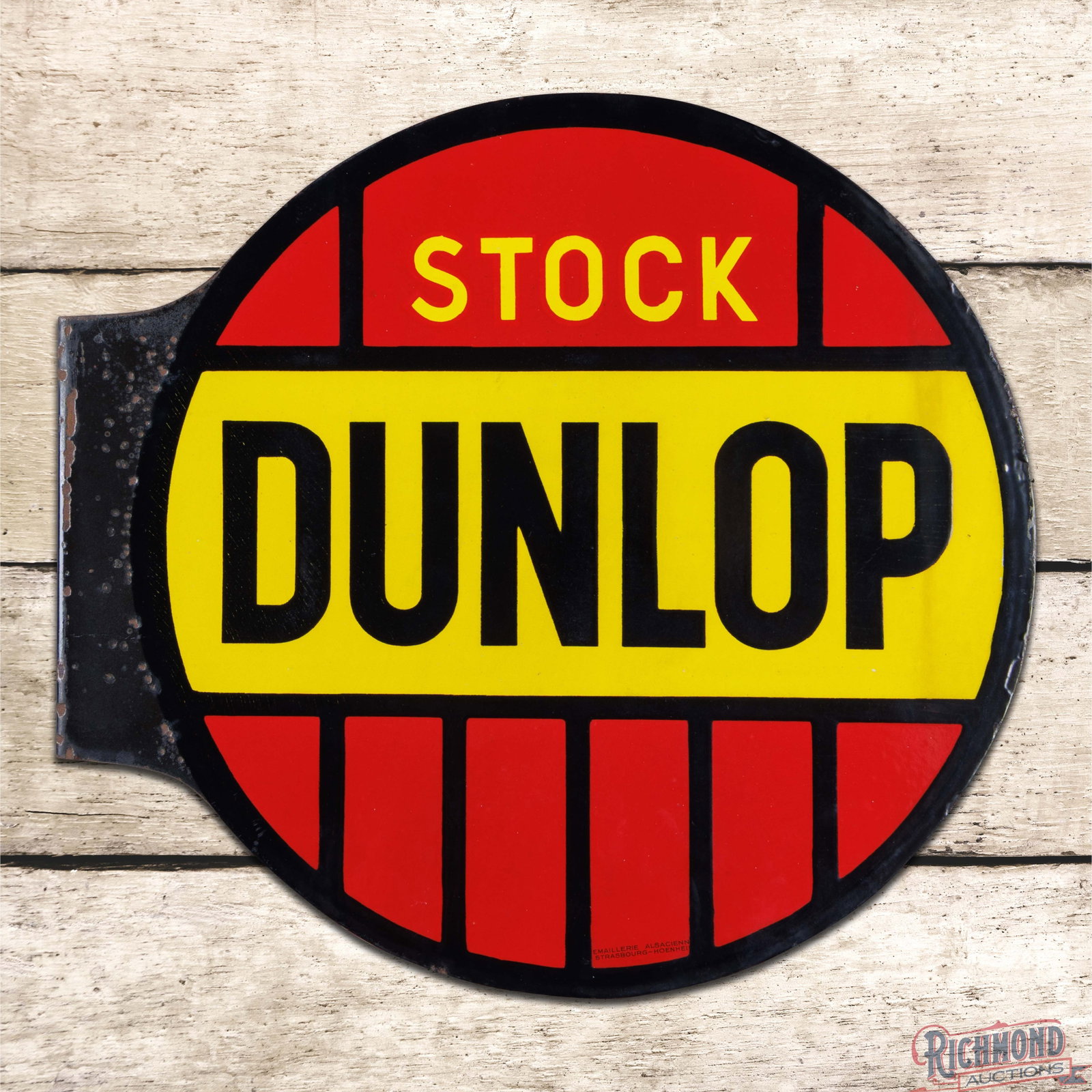 Stock Dunlop Tires 20" Double Sided Porcelain Flange Sign: DSP (double sided porcelain) flange has excellent color and gloss. The display has a clean field with small chips along the outer edges and larger chips on the inner flange. The reverse is in a simila