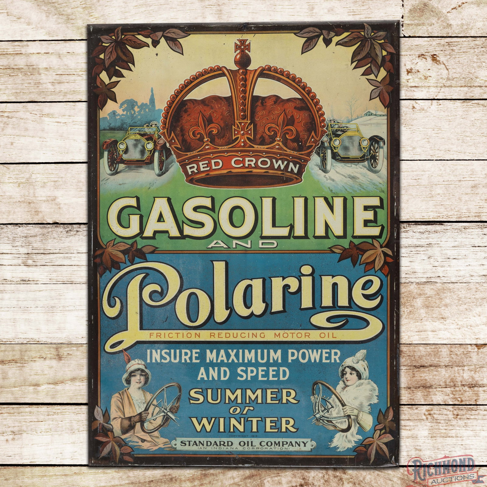 Amazing Early Red Crown Gasoline and Polarine Standard Oil Single Sided Tin Litho Sign: SST (single sided tin) self-framed sign with cardboard reverse has very good color and shine. The sign features a highly detailed Red Crown logo in the upper field, flanked by early automobiles and la