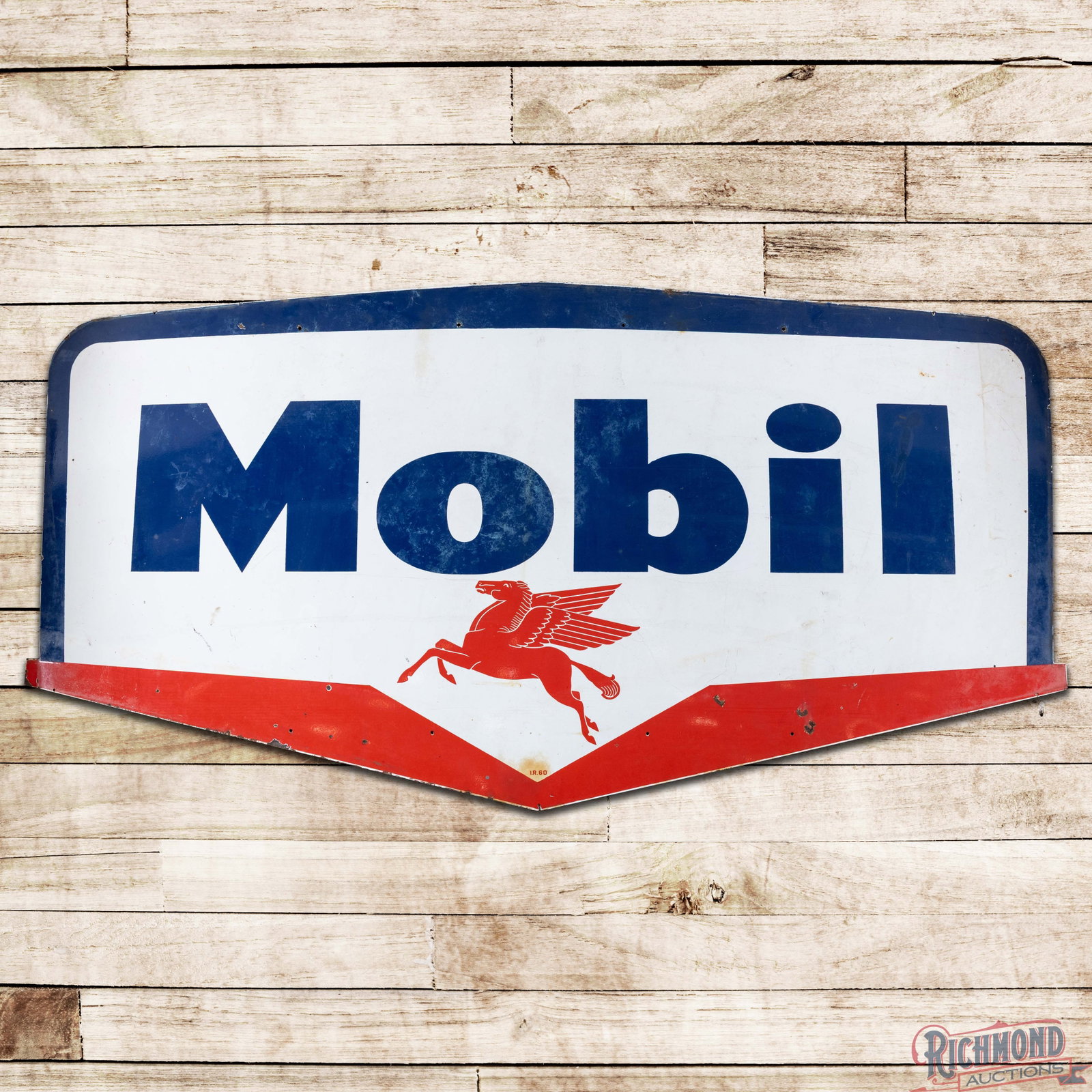1960 Mobil Gasoline 8.5' Single Sided Porcelain Service Station ID Sign w/ Pegasus: SSP (single sided porcelain) die cut sign has good color and gloss. The display has surface wear with discoloration in the lettering. The perimeter has chips with minor edge bends. Marked IR 60. All i