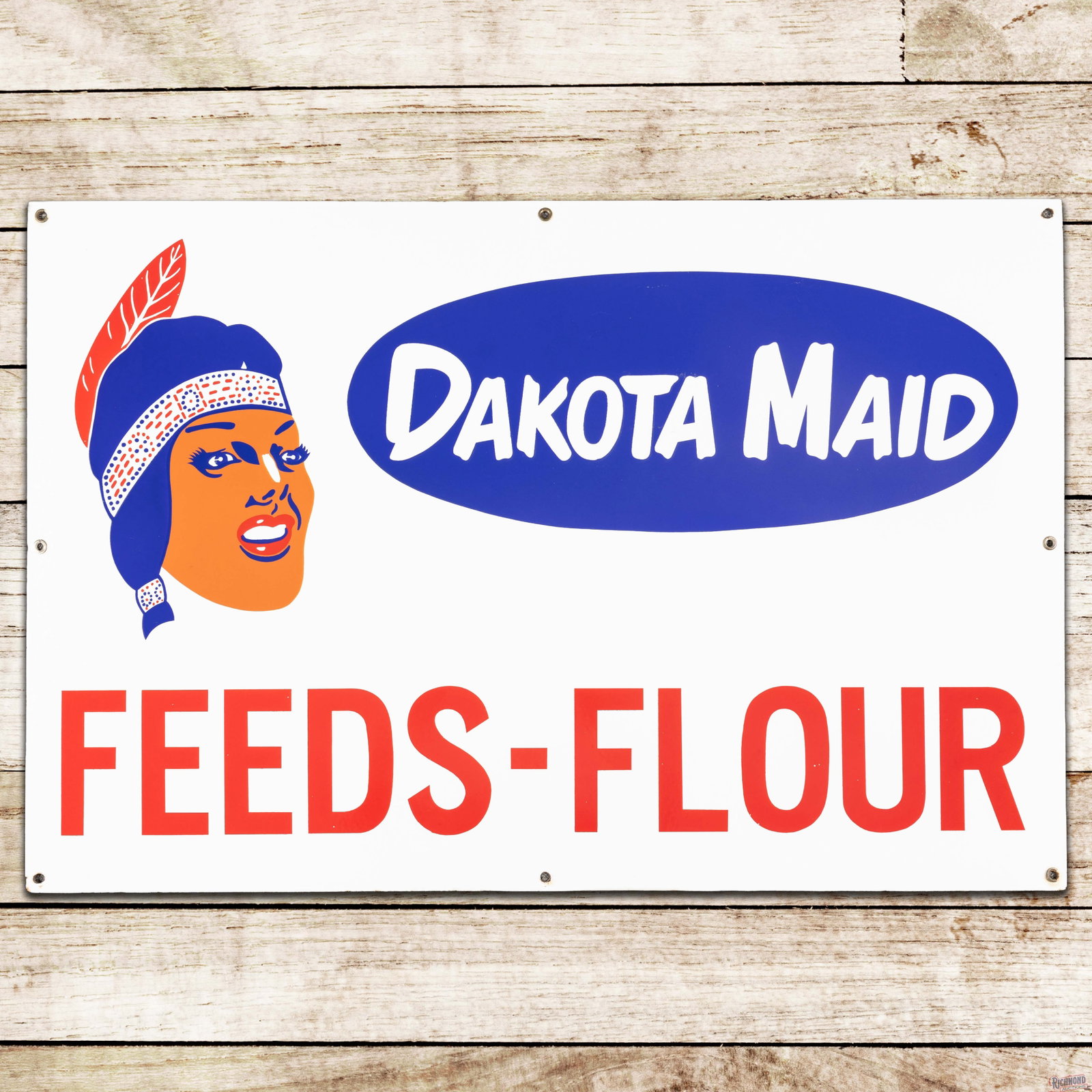Dakota Maid Feeds Flour 3' Single Sided Porcelain Sign w/ Native American: SSP (single sided porcelain) sign has excellent color and gloss. The field is exceptionally clean with tiny white factory blemishes in the red lettering. The perimeter has light wear at a few of the m
