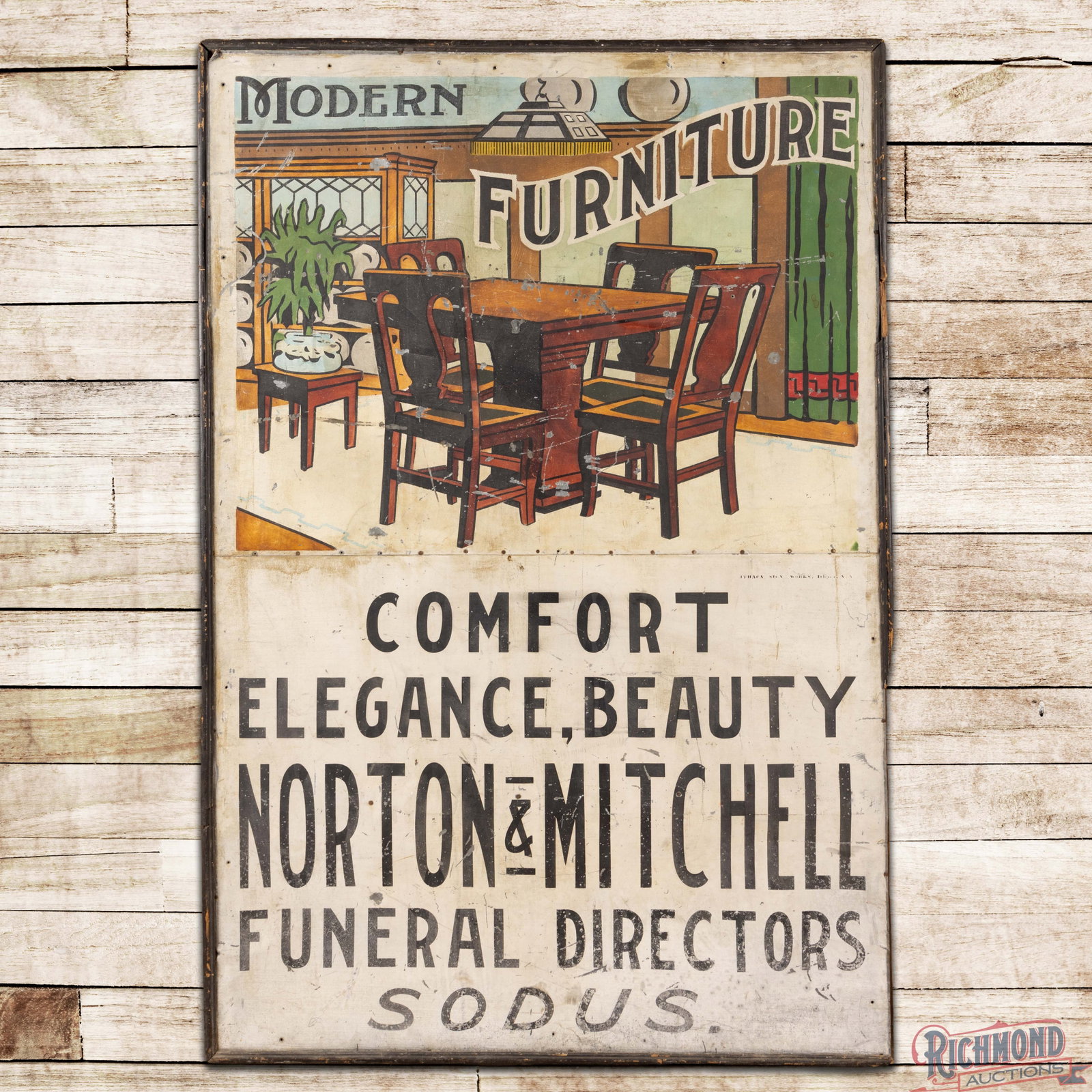 Modern Furniture Comfort Elegance Beauty Norton & Mitchell Funeral Director Sodus 6' Tin Ithaca Sign (1 of 3)