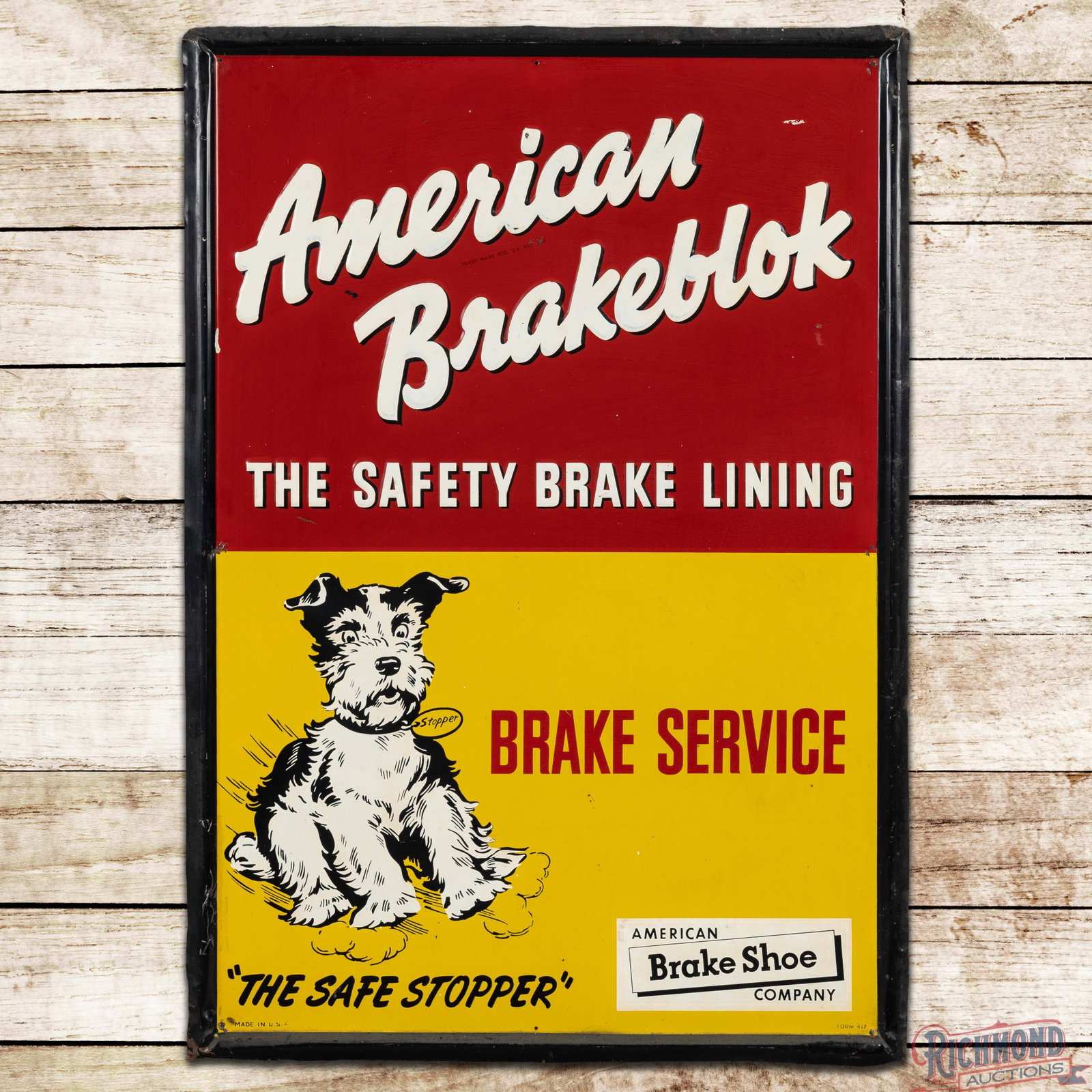 American Brakeblok Brake Service Emb. Single Sided Tin Sign w/ Stopper: SST (single sided tin) embossed self-framed sign has excellent color and shine. The field has fine scratches with small paint chips, minor indentations and surface rubs to the upper embossed lettering