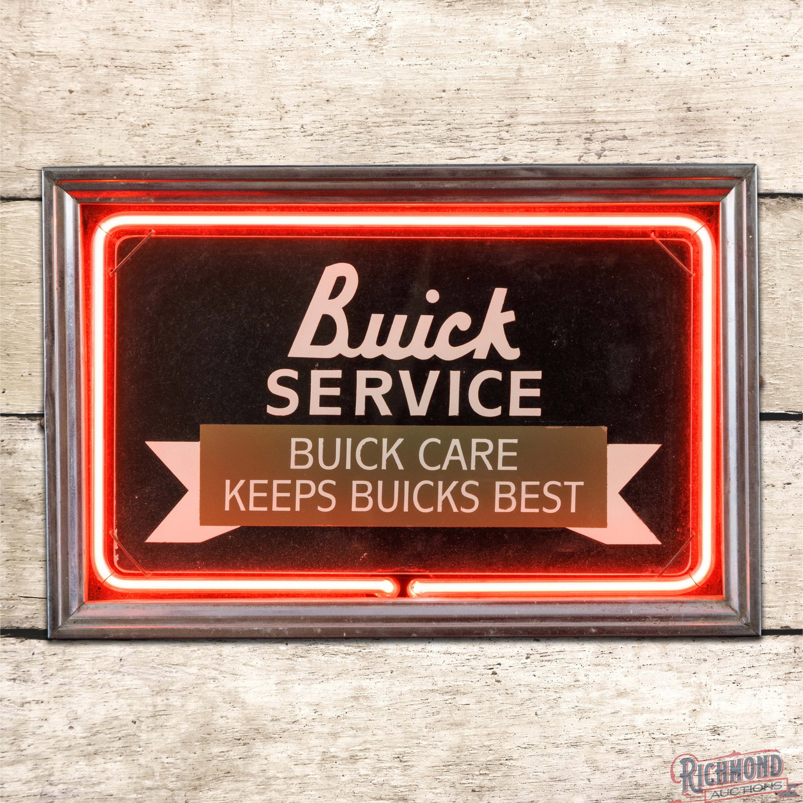 Buick Service "Buick Care Keeps Buicks Best" Neon Products Advertising Sign: Single sided reverse on glass sign with neon surround and the original metal can. The glass advertising panel has been replaced. The metal can features original paint with light wear and oxidation to 