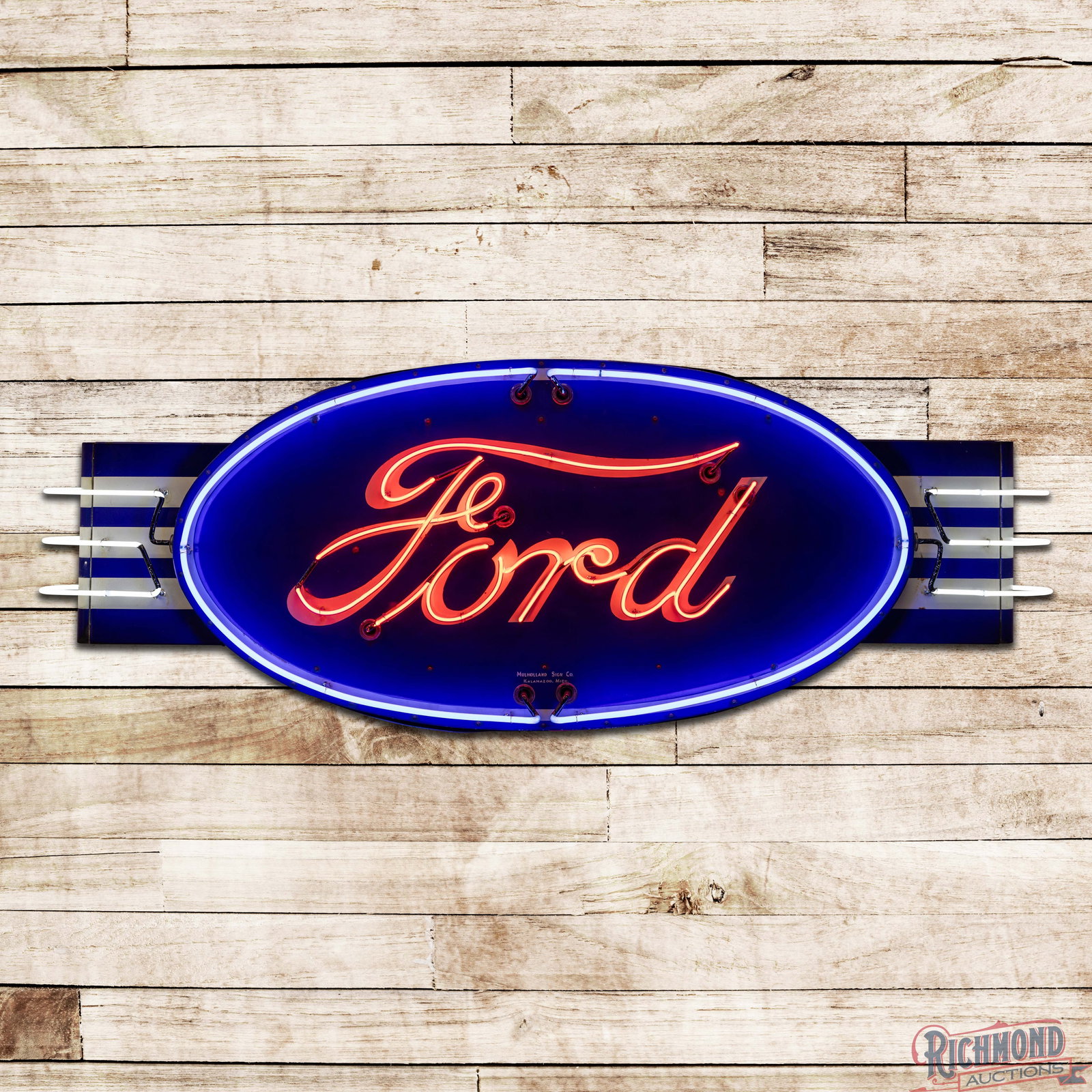 Beautiful Ford Automobiles 8' Double Sided Porcelain Factory Neon Sign w/ Wings: Nice DSP (double sided porcelain) factory neon sign with the original metal can has excellent color and gloss. The sign features brilliant three-color neon. The display is very clean overall with a ti