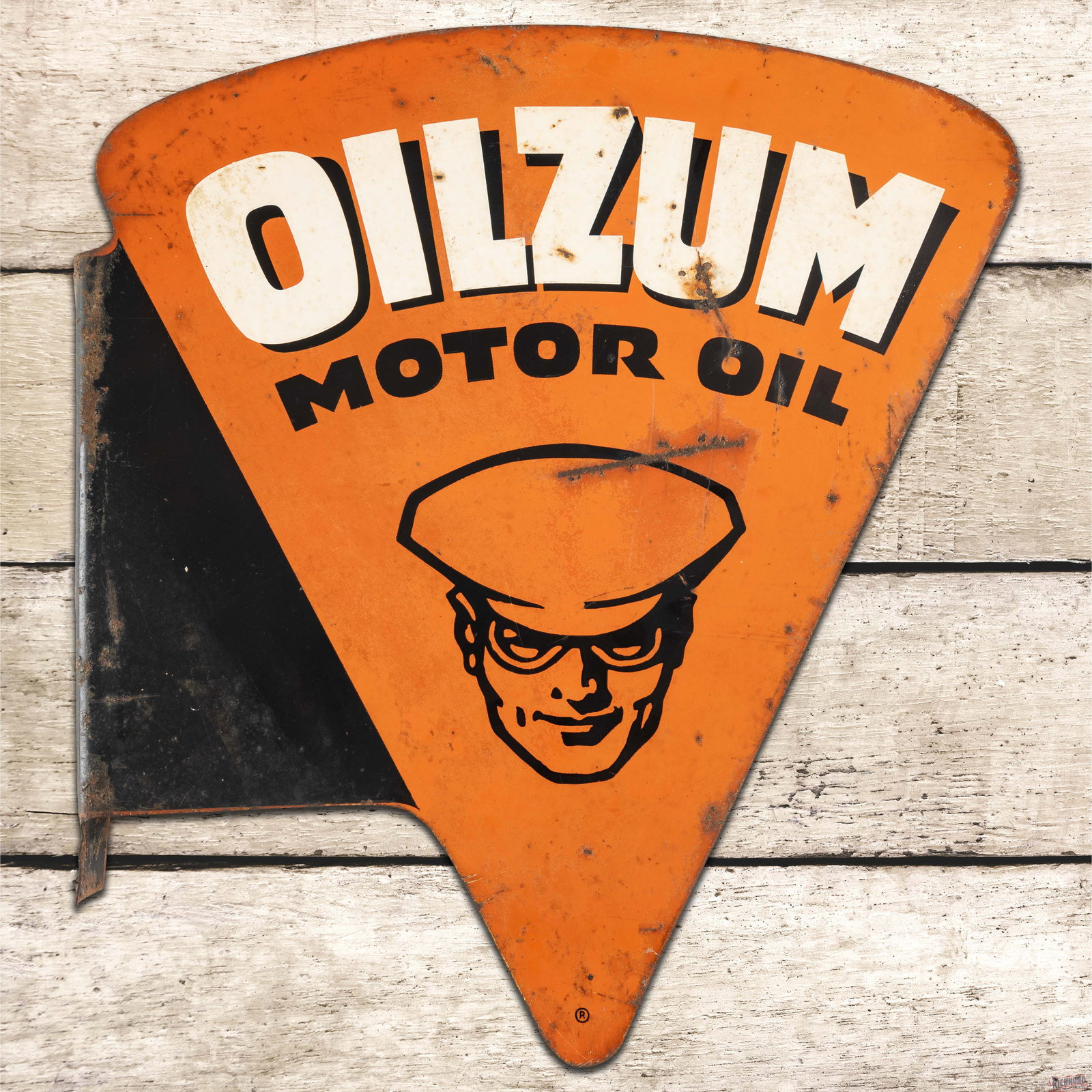 1953 Oilzum Motor Oil Double Sided Tin Flange Sign w/ Oswald: DST (double sided tin) die cut flange has good color and moderate shine. The display has surface wear, errant paint drips, fine scratches and discoloration. The perimeter has a bend on the lower tip a
