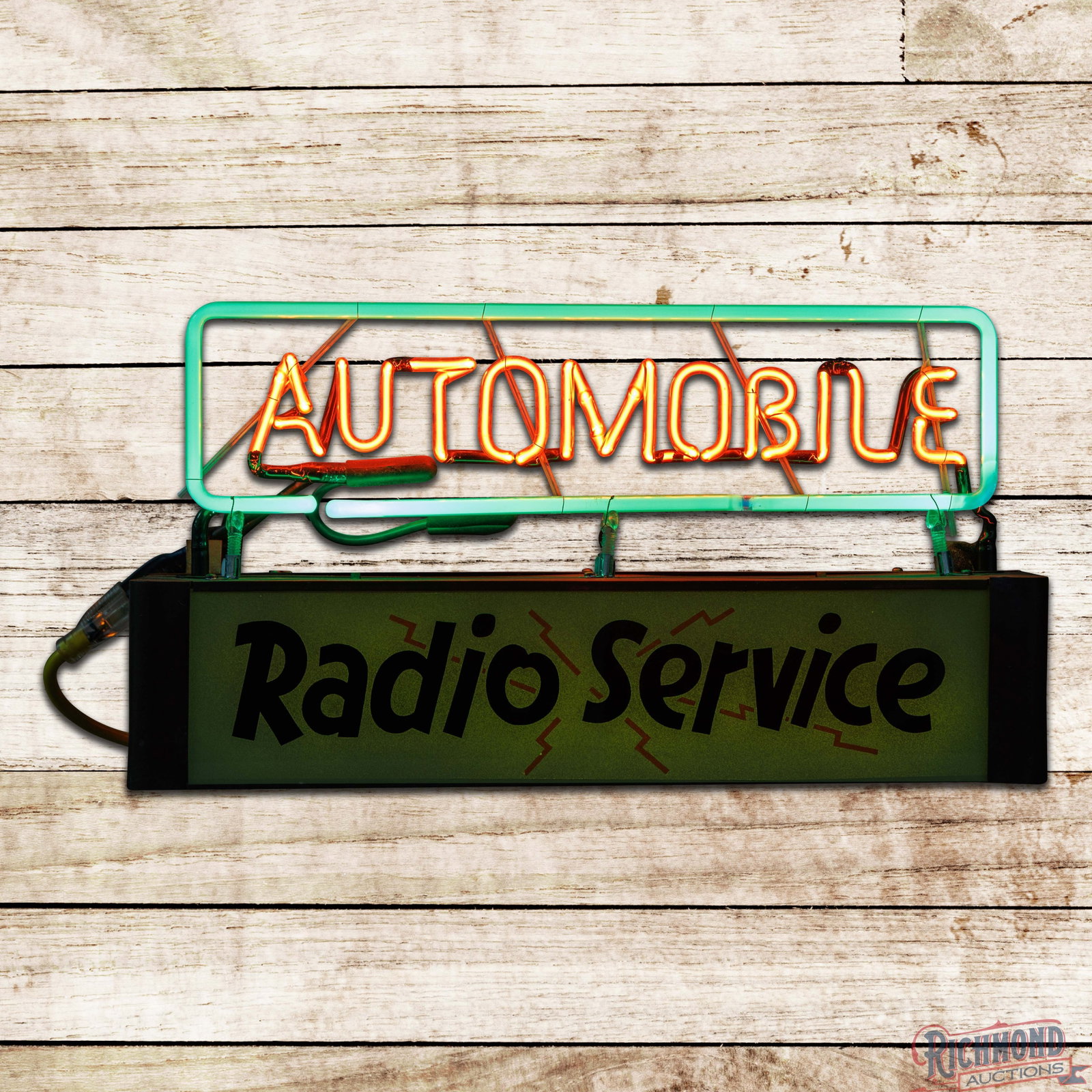 Automobile Radio Service Lighted Reverse on Glass Sign w/ Neon Lettering (1 of 4)