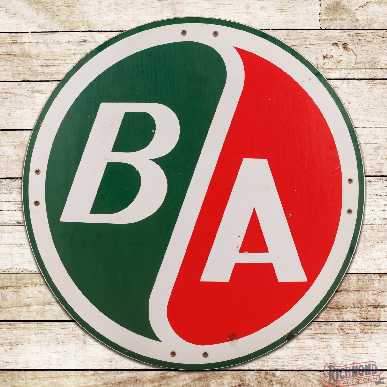 B/A British American Gasoline Motor Oils 44.5" Single Sided Porcelain Logo Sign: SSP (single sided porcelain) sign has very good color and gloss. The field has paper marks with small chips and surface wear. The field has small color-matched chips in the right fields and outer edge