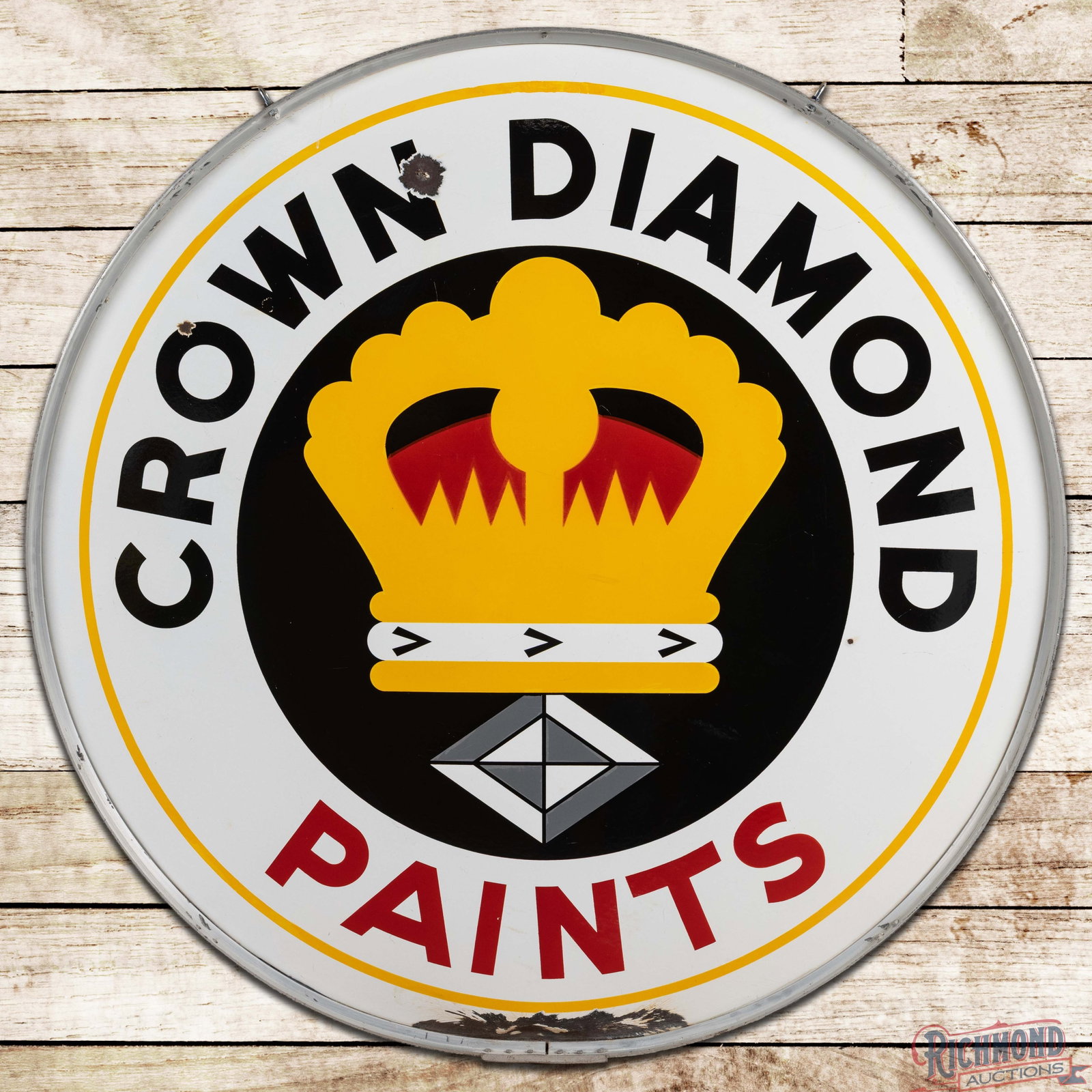 Crown Diamond Paints 4' Double Sided Porcelain Sign w/ Ring: DSP (double sided porcelain) sign with the factory ring has excellent color and gloss. The field has light surface wear with chips in the outer fields. The perimeter has a bend with large chips and cr