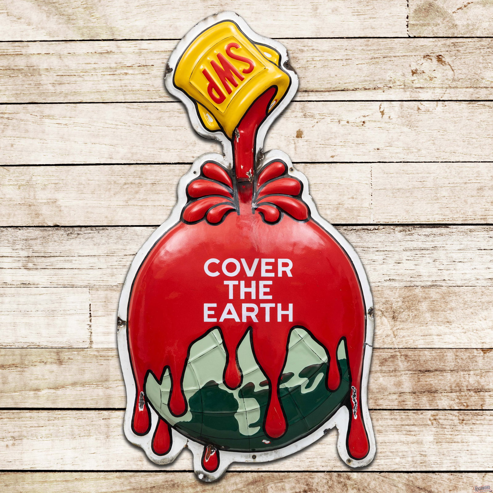 SWP Sherwin Williams Paints "Cover the Earth" Die Cut Double Sided Porcelain Convex Sign w/ Logo: DSP (double sided porcelain) convex die cut sign has excellent color and gloss. The field has light wear with marks and areas of minor discoloration. The upper fields and perimeter have chips with are