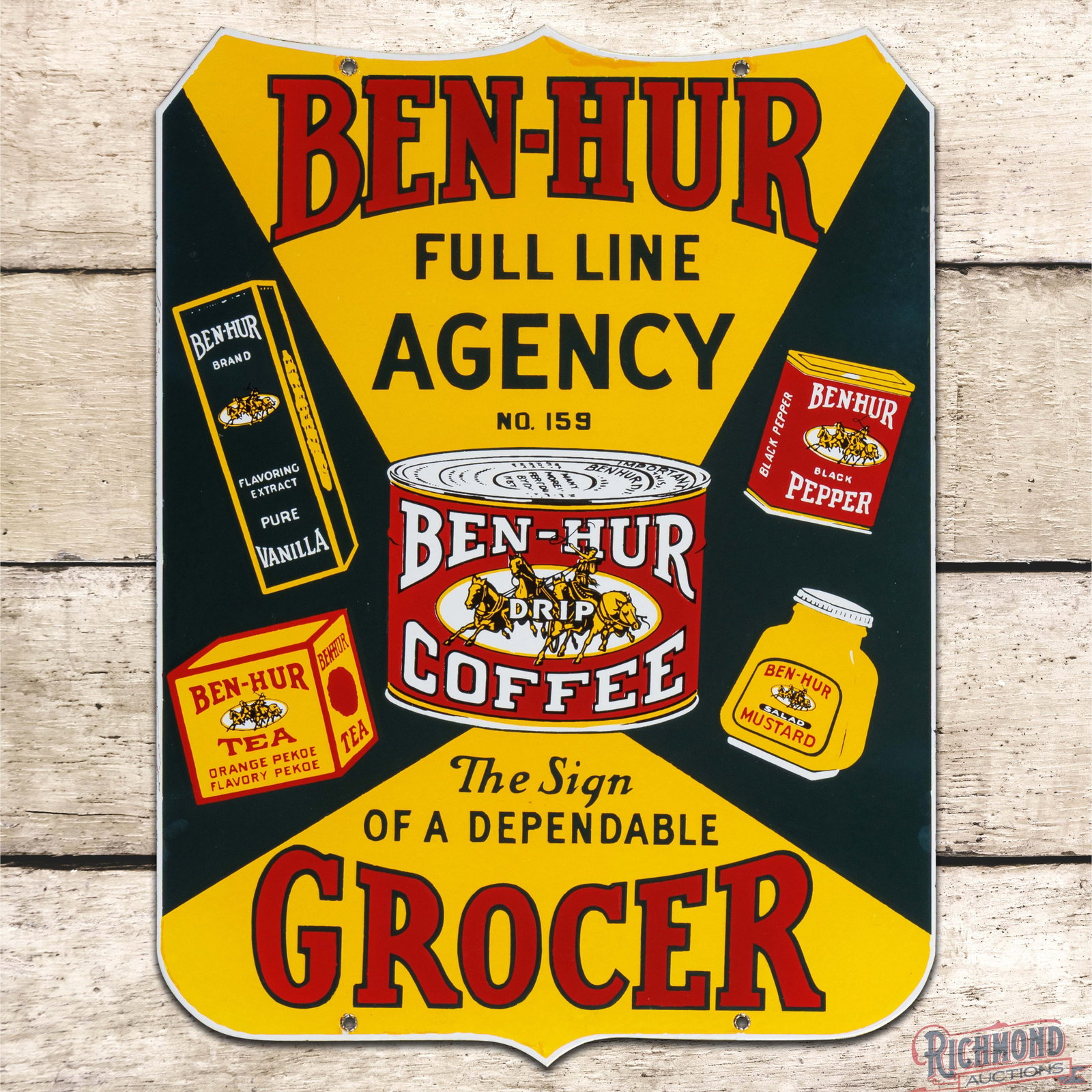 Rare Ben Hur Full Line Agency Sign of a Dependable Grocer Die Cut 24" Double Sided Porcelain Sign: Amazing DSP (double sided porcelain) die cut sign has outstanding color and gloss. The sign features a colorful graphic showcasing various Ben Hur products in the fields. Side #1 exhibits a clean fiel