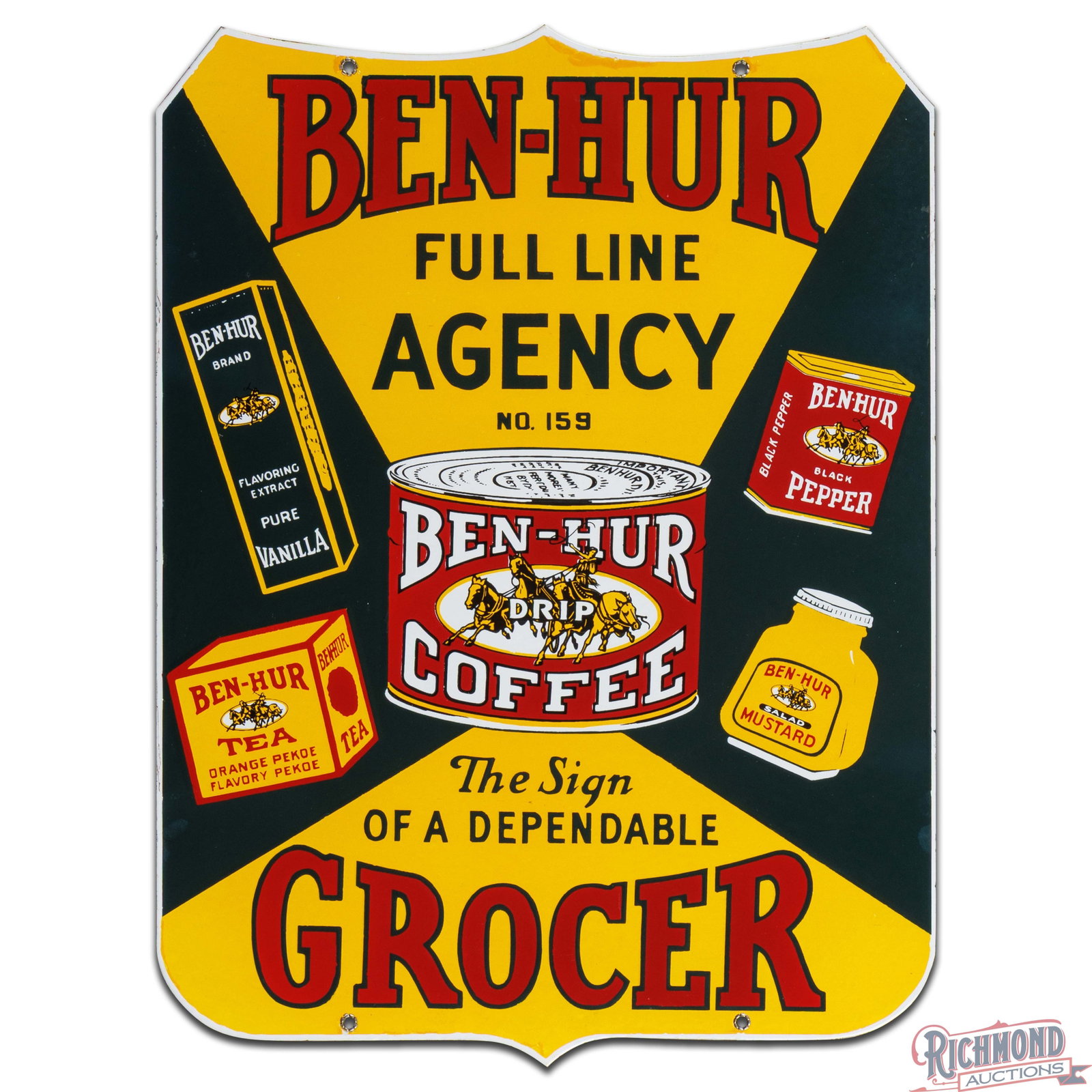 Rare Ben Hur Full Line Agency Sign of a Dependable Grocer Die Cut 24" Double Sided Porcelain Sign - 2