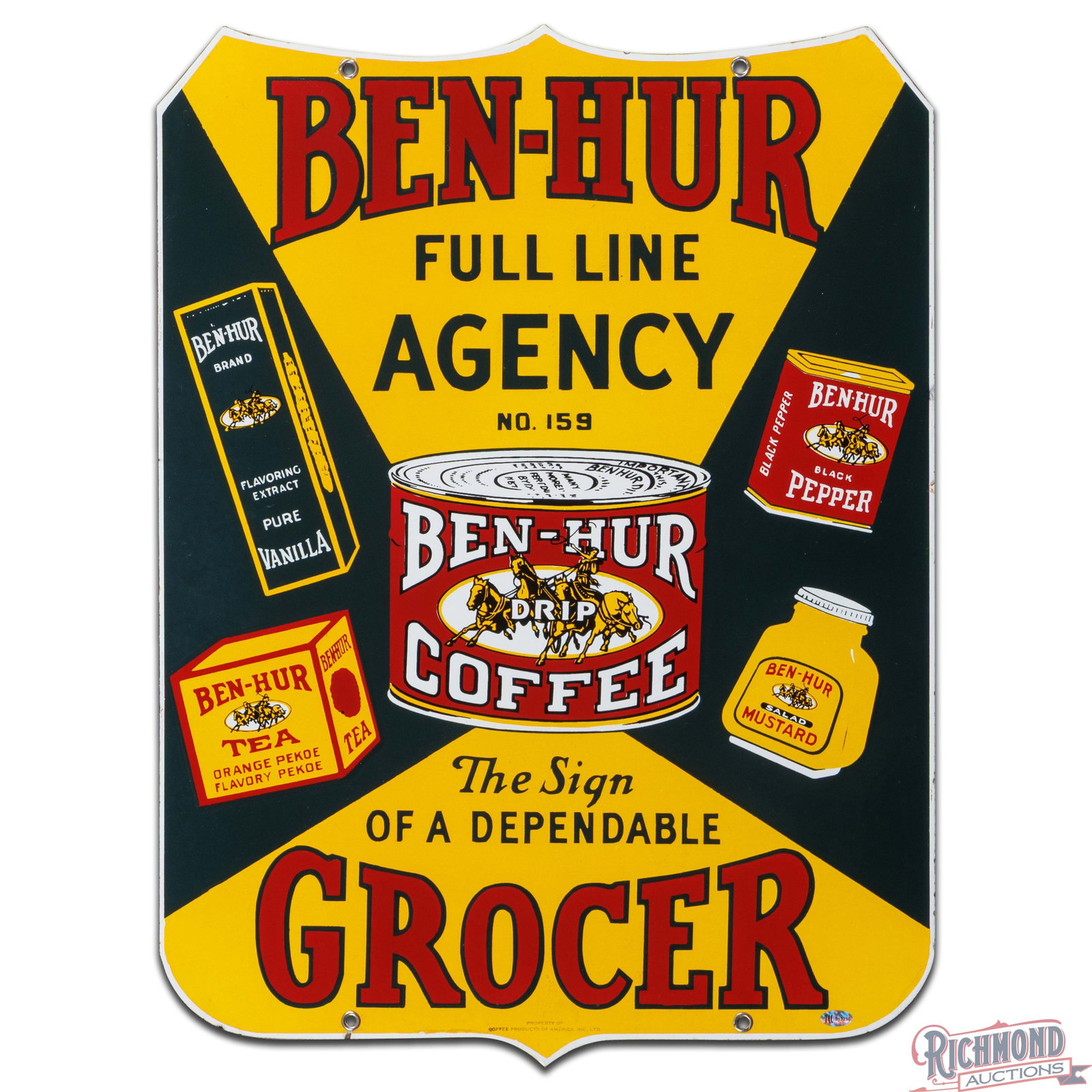 Rare Ben Hur Full Line Agency Sign of a Dependable Grocer Die Cut 24" Double Sided Porcelain Sign - 3