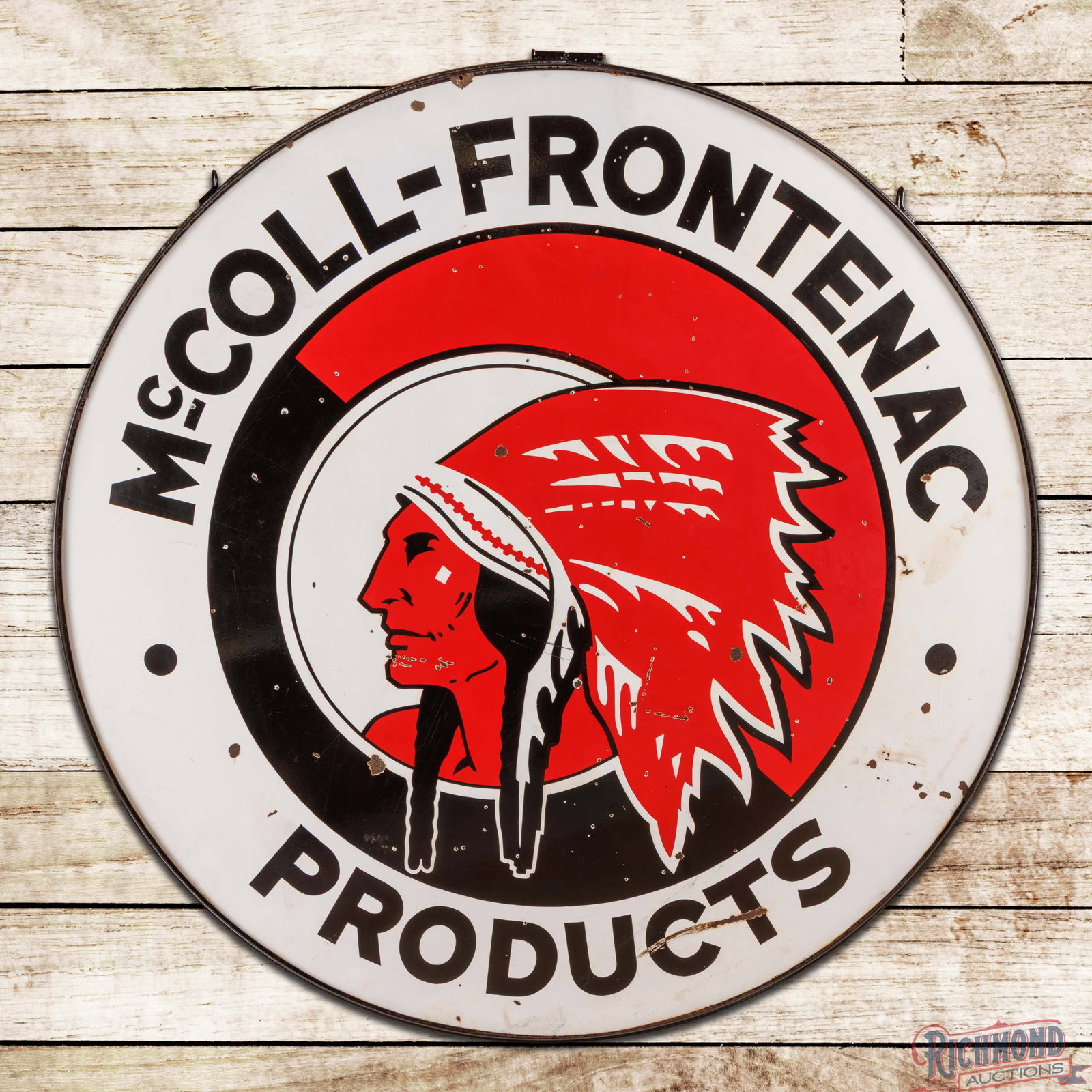 McColl Frontenac Red Indian Products Gasoline 6' Double Sided Porcelain ID Sign w/ Ring: DSP (double sided porcelain) sign with ring has excellent color and gloss. The display has surface wear with chips in the fields and perimeter. The reverse has additional chips with marks and discolor