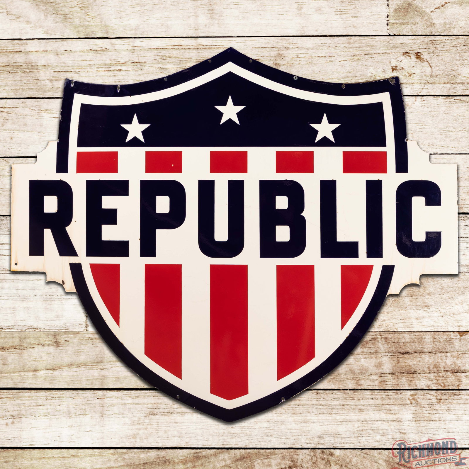 Republic Gasoline 6' Die Cut Double Sided Porcelain ID Shield Sign: DSP (double sided porcelain) sign has very good color and gloss. The display has light wear with tiny chips in the fields. The perimeter has discoloration in the white porcelain enamel with other smal