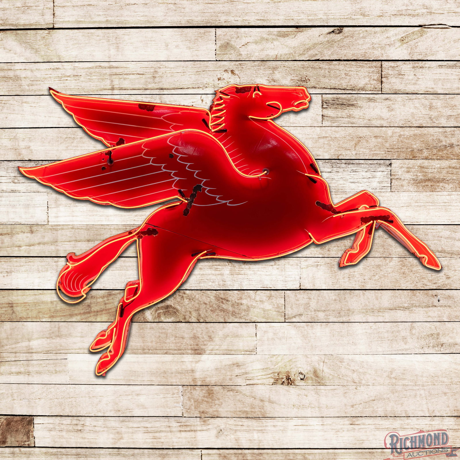 Scarce Mobil Pegasus Single Sided Porcelain Factory Neon Cookie Cutter Sign "Right Facing": SSP (single sided porcelain) factory neon cookie cutter sign has very good color and gloss. The display has chips in the left fields with minor discoloration in the white porcelain enamel. The perimet