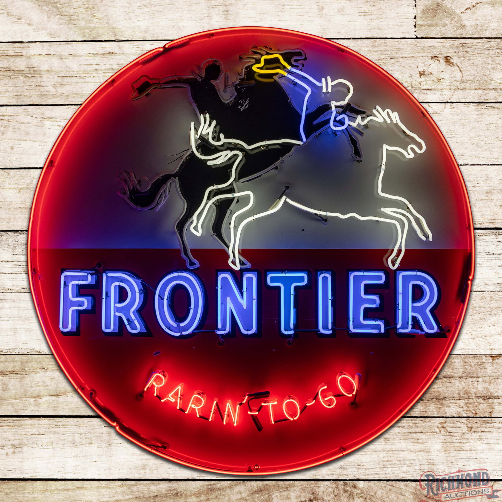 1960 Frontier Gasoline "Rarin' to GO" Single Sided Porcelain Neon Sign w/ Horse & Rider "Animated": SSP (single sided porcelain) sign with added neon and a metal can has excellent color and gloss. The sign features highly detailed neon with an animated horse and rider graphic. The display has small 