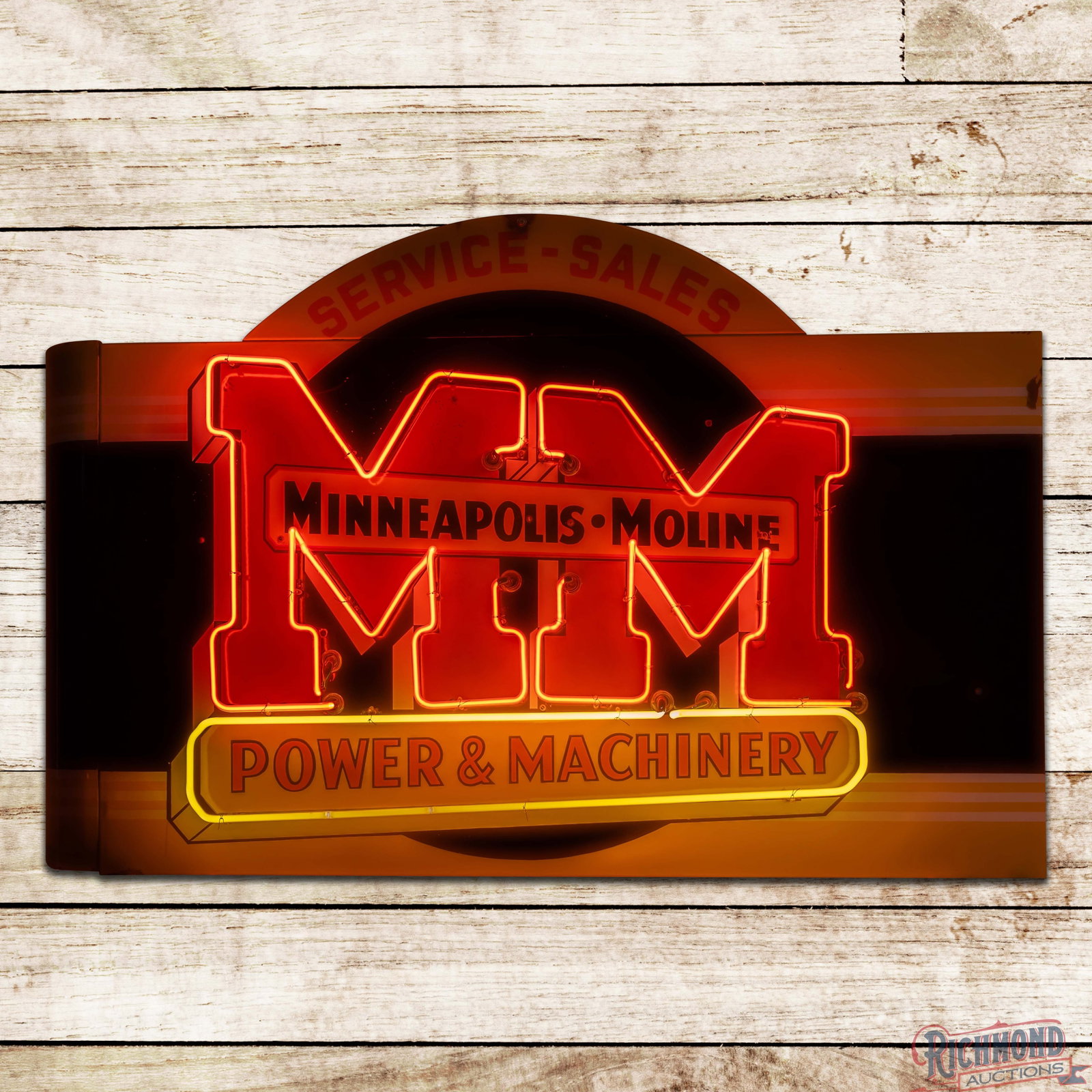 Minneapolis Moline Power & Machinery Sales & Service Double Sided Porcelain Factory Neon Sign: DSP (double sided porcelain) factory neon sign with the original metal can has excellent color and gloss. The display has minor chips at the neon supports and small chips in the upper fields. The peri