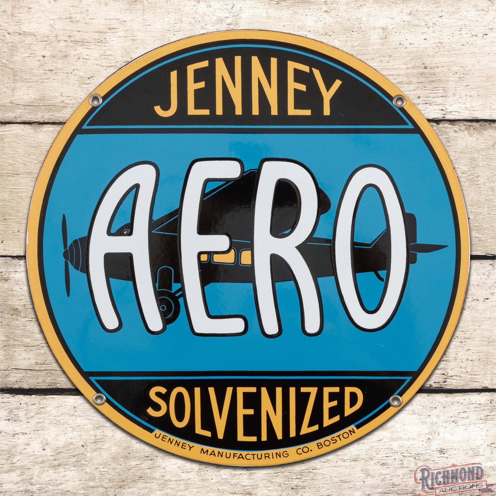 Jenney Aero Solvenized Gasoline Single Sided Porcelain Pump Plate Sign w/ Plane (1 of 3)