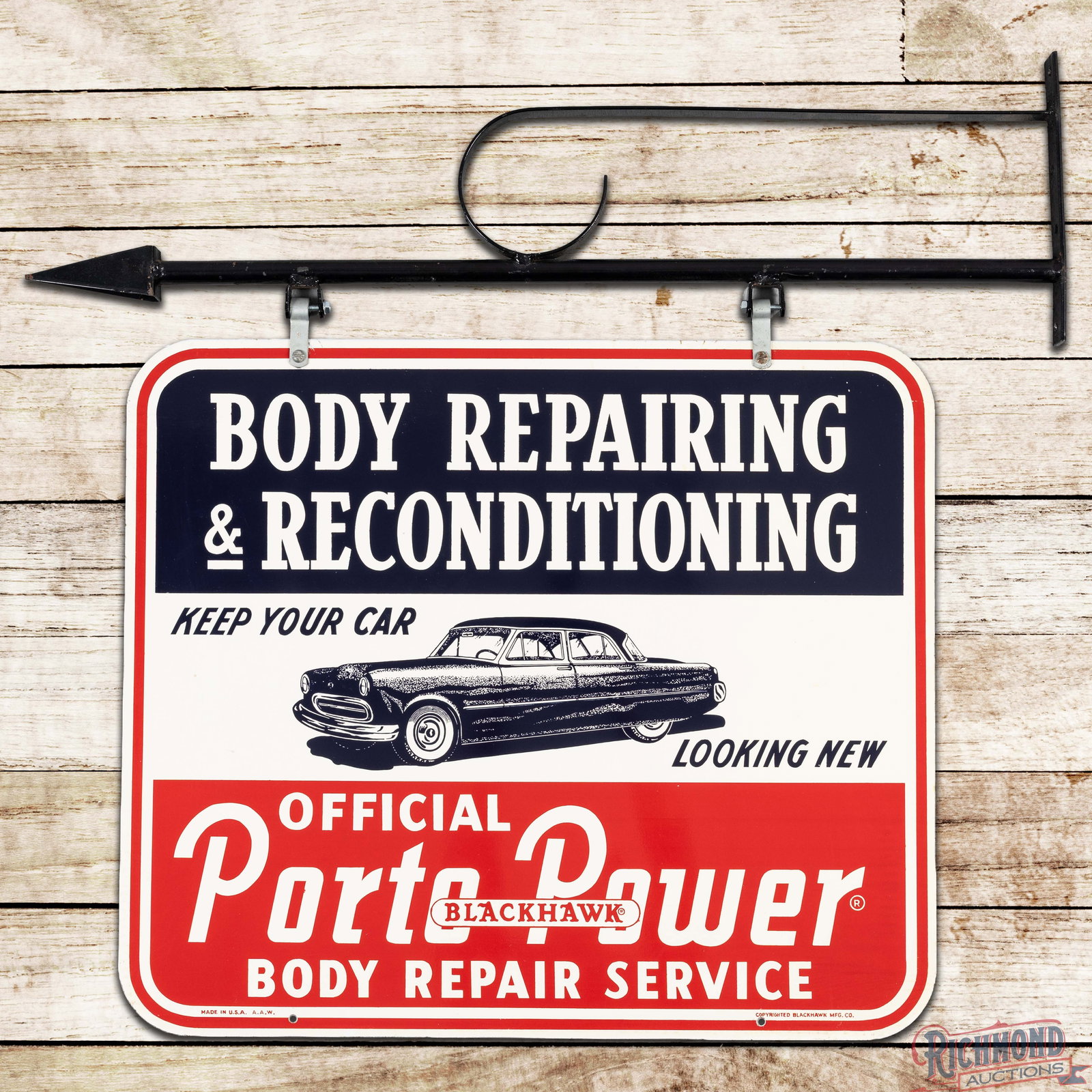 Official Blackhawk Porto Power Body Repair Service "Keep Your Car Looking New" Tin Sign w/ Bracket: Amazing DST (double sided tin) sign with a metal bracket has excellent color and shine. Side #1 has a clean field with minor wear along the perimeter. The reverse has light wear with scuffs in the out