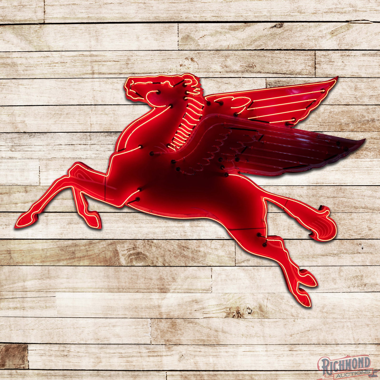 1953 Mobil Pegasus Single Sided Porcelain Neon Cookie Cutter Sign "Left Facing": SSP (single sided porcelain) sign with added neon and a metal can has excellent color and gloss. The sign features highly detailed neon throughout. The display has tiny chips in the right field with t