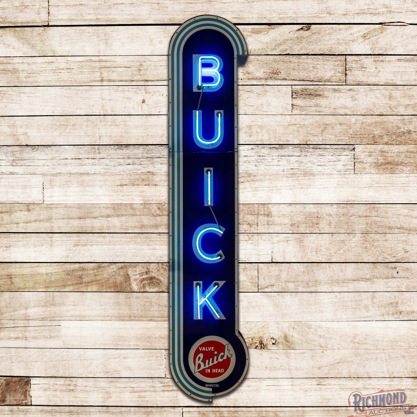 Buick Valve in Head 11' Double Sided Porcelain Factory Neon Sign w/ Logo: DSP (double sided porcelain) factory neon sign with the original metal can has outstanding color and gloss. Side #1 is exceptionally clean with minor edge chips at the sign seams below the "U" in the 