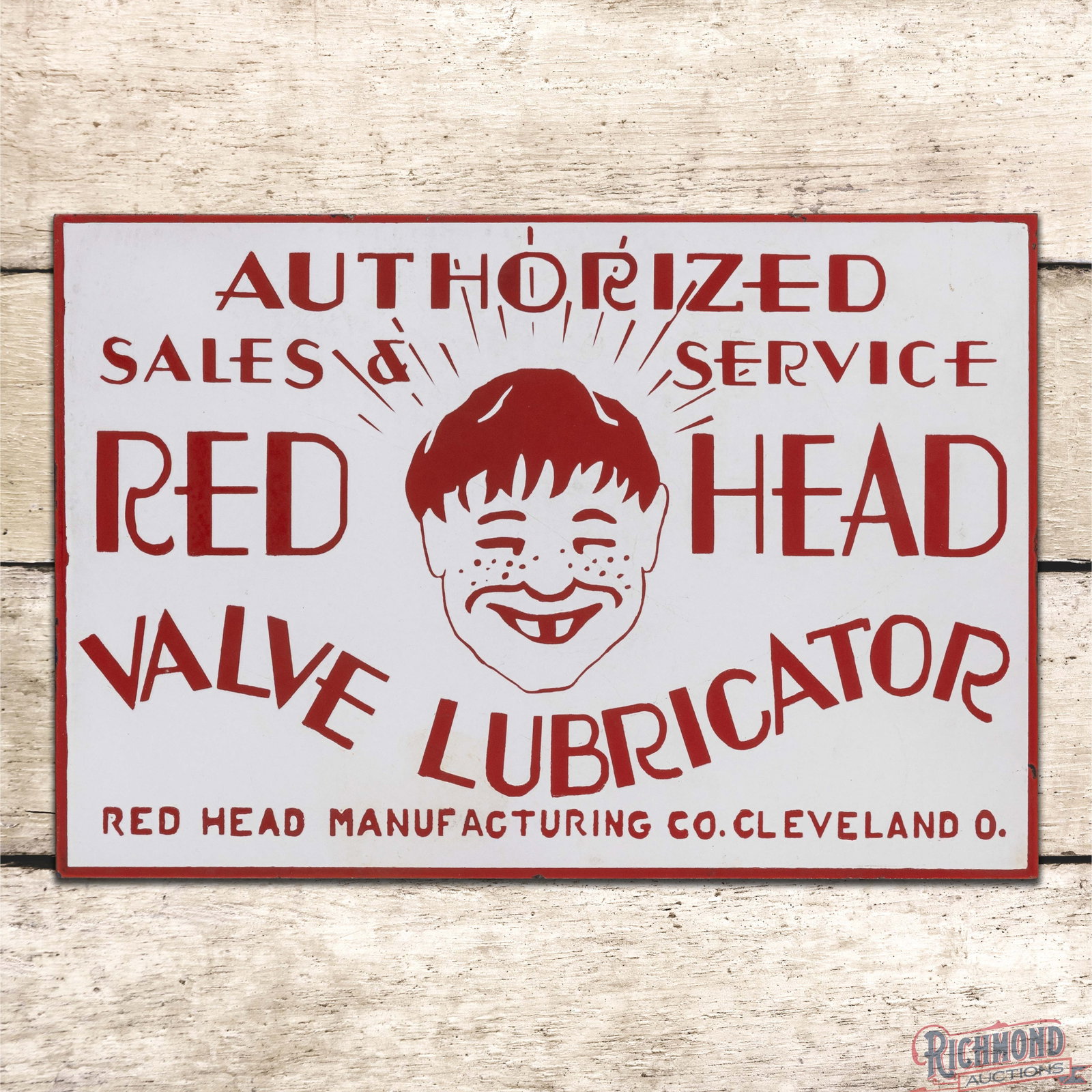 Scarce Red Head Valve Lubricator Sales & Service Double Sided Porcelain Flange Sign Cleveland Ohio: Early DSP (double sided porcelain) flange has excellent color and gloss. The display has a clean field with minor factory blemishes and tiny chips along the outer edges. The reverse is in a similar co