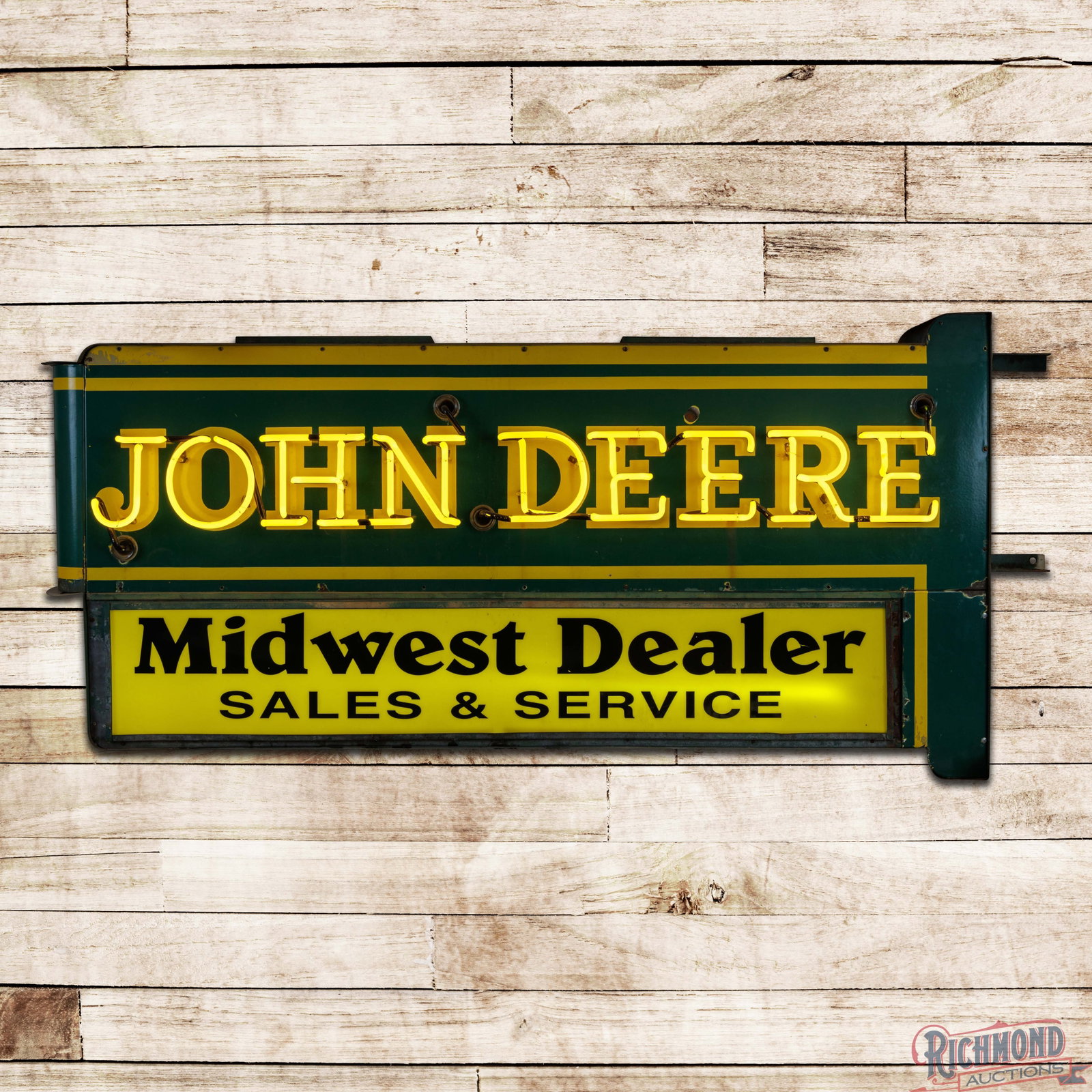 John Deere Midwest Dealer Sales & Service Double Sided Porcelain Factory Neon Sign: DSP (double sided porcelain) factory neon sign with internally lighted lower panels and the original metal can has very good color and gloss. The sign features vibrant neon and the internal lighting w