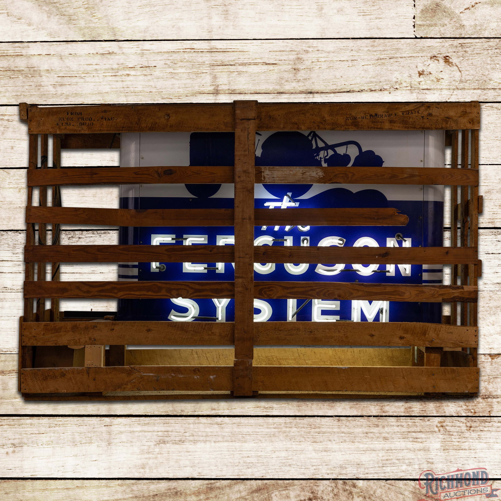 NOS The Ferguson System Double Sided Porcelain Factory Neon Sign w/ Orig. Crate: NOS (new old stock) DSP (double sided porcelain) factory neon sign with the original wooden crate has excellent color and gloss. The display is very clean overall with color matched chips at the mount