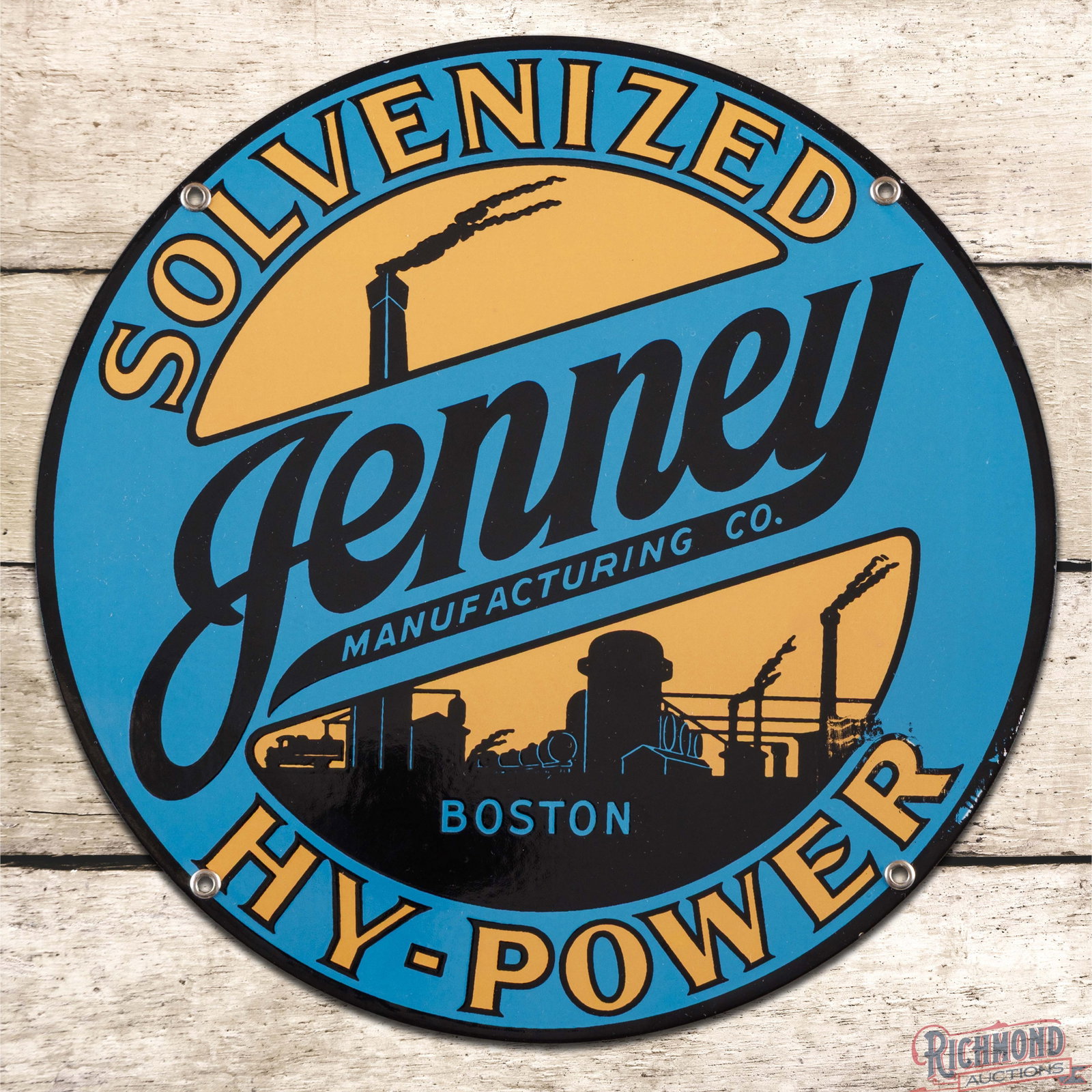 Jenney Manufacturer Co. Solvenized Hy-Power Gasoline 12" Porcelain Pump Plate Sign Boston Mass: Investment Quality SSP (single sided porcelain) sign has day one color and gloss. The field is clean. The perimeter has a manufacturer blemish at the "R" in Power with a tiny fine scratch in the blue 