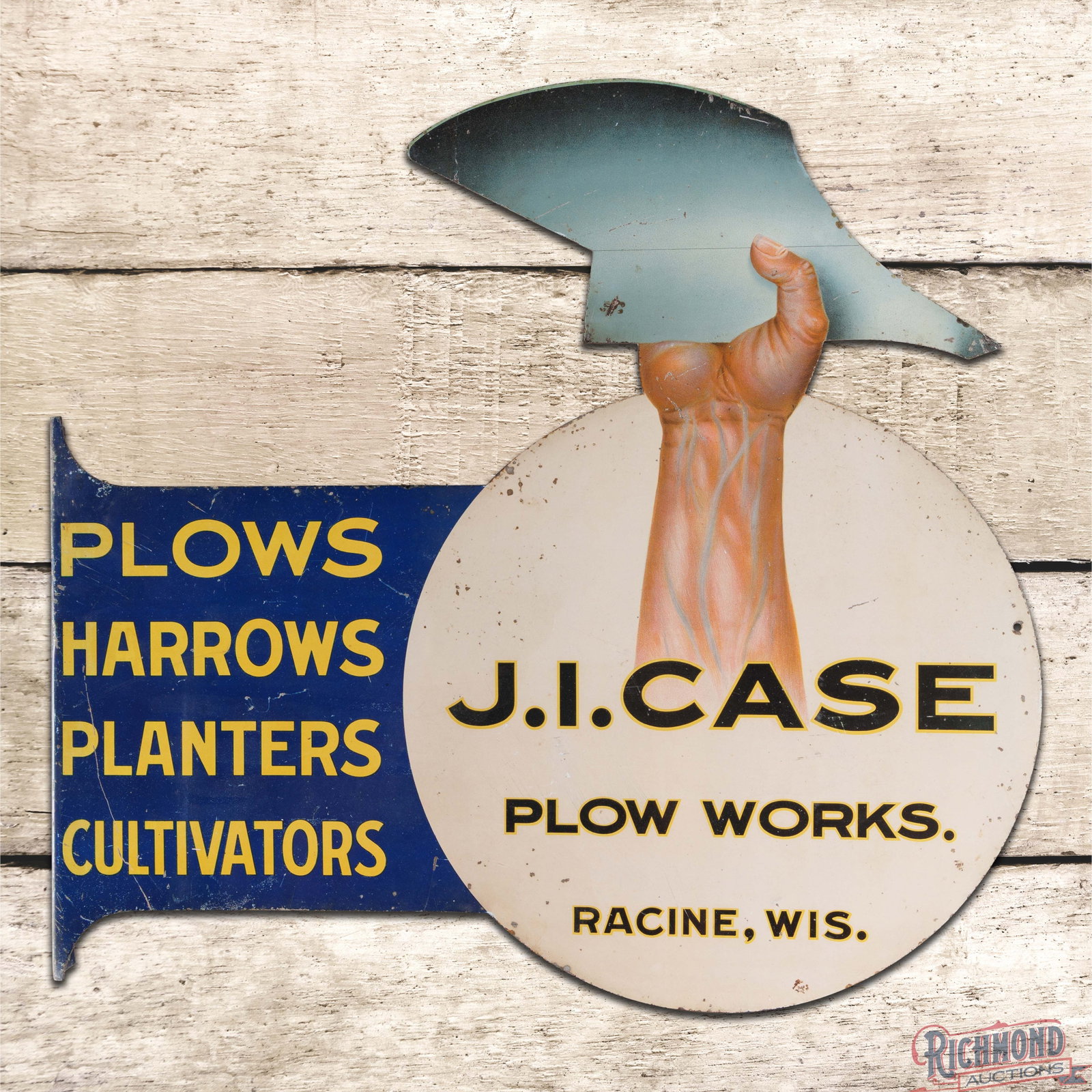Rare J.I. Case Plow Works Racine Wisconsin Die Cut Double Sided Tin Flange Sign w/ Plow in Hand: Exceedingly rare DST (double sided tin) die cut flange has very good color and shine. The sign features a highly detailed hand holding a Case plow. Side #1 has light wear with small paint chips and fi