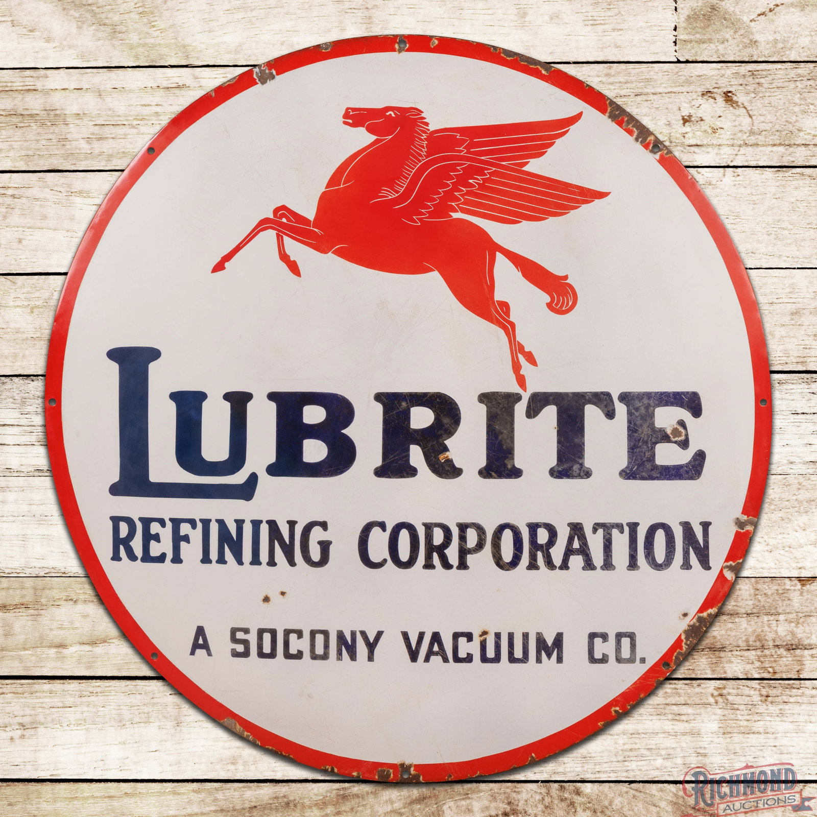 Scarce Mobil Lubrite Refining Corporation A Socony Vacuum Co. 42" Porcelain Sign w/ Pegasus (1 of 3)