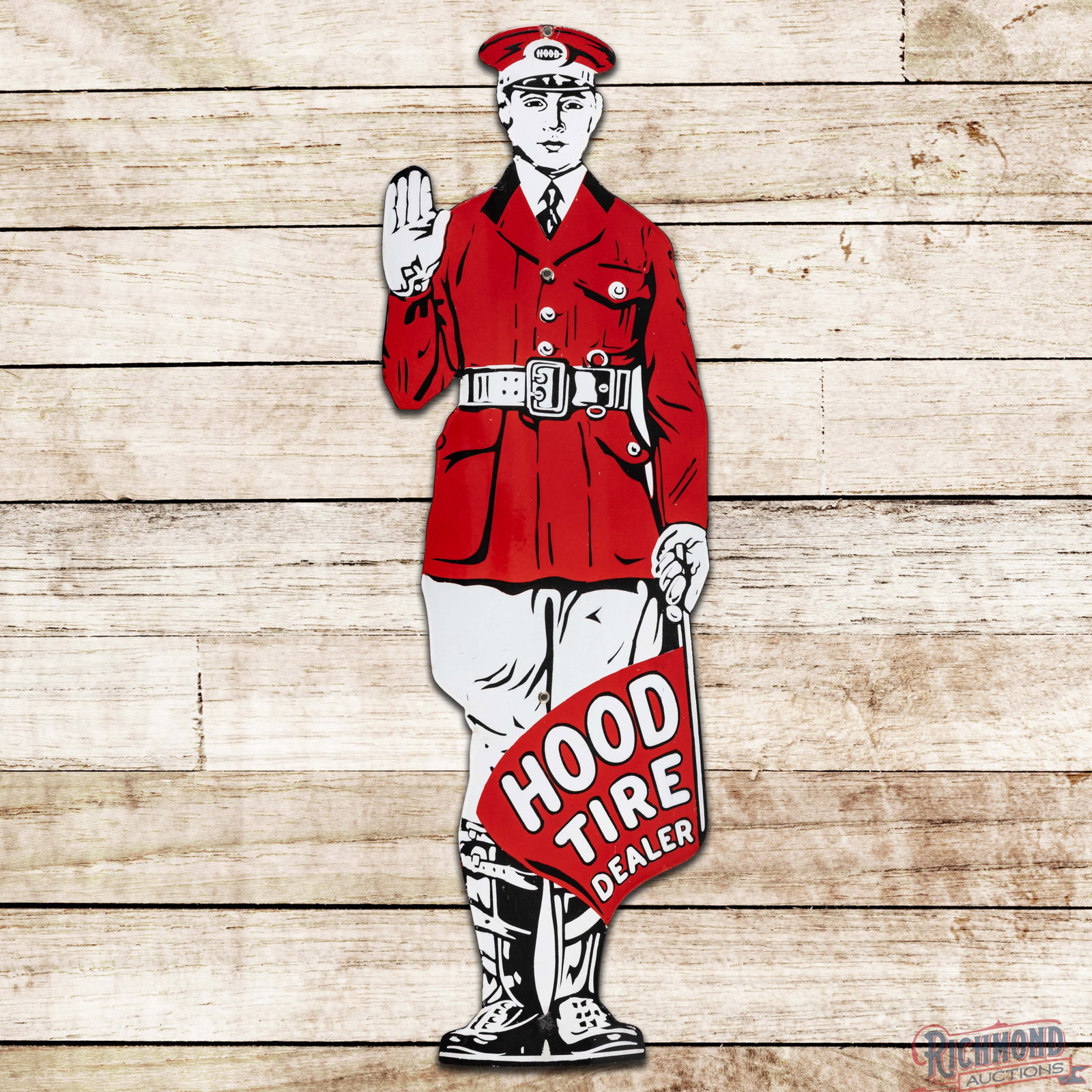 Hood Tire Dealer Curved 36" Single Sided Porcelain Die Cut Flag Man Sign: Beautiful SSP (single sided porcelain) convex sign has excellent color and gloss. The field is exceptionally clean overall with minor surface imperfections. The bottom mounting hole and outer edges ha