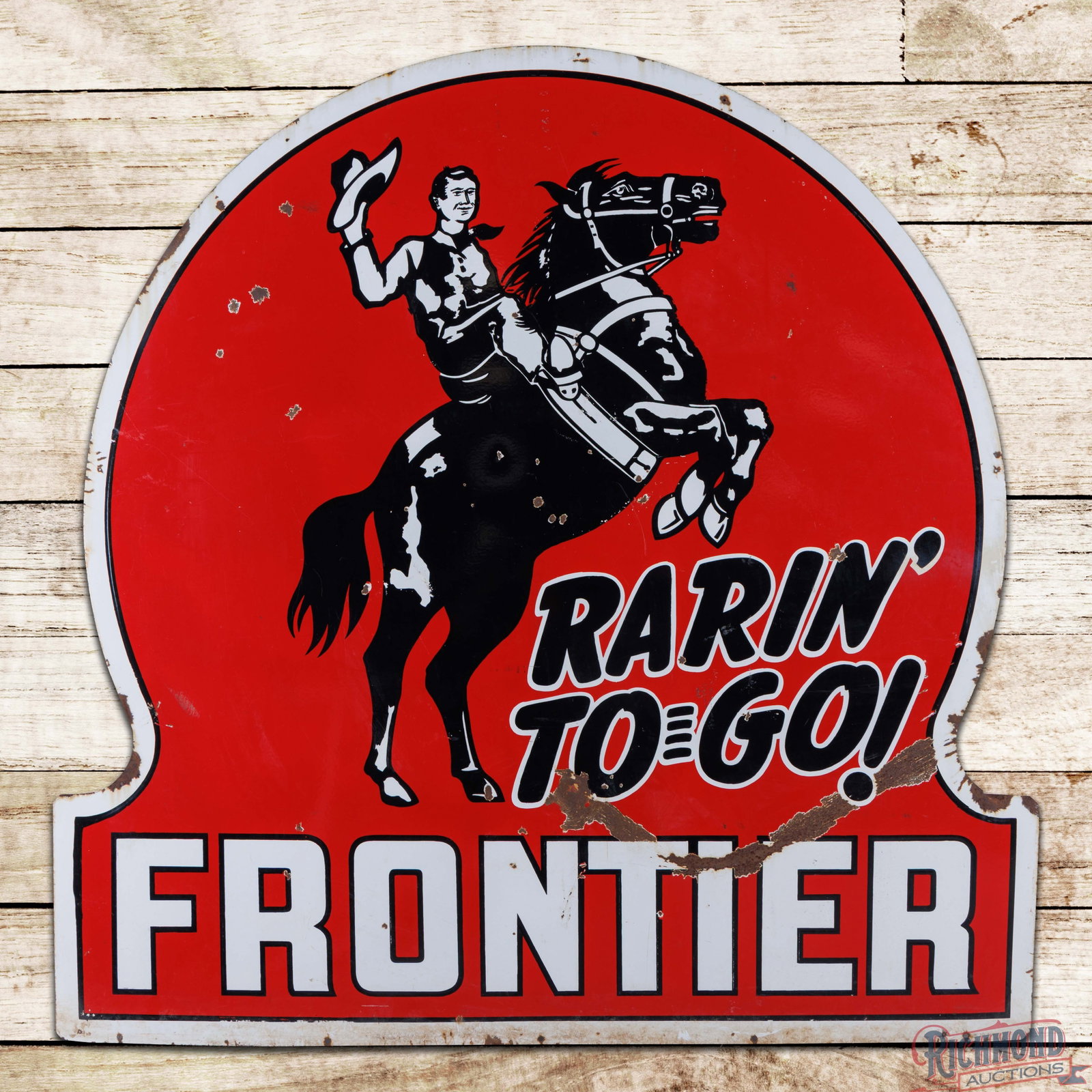 Frontier Rarin to Go! Gasoline 6' Double Sided Porcelain Die Cut ID Sign w/ Horse & Rider (1 of 3)