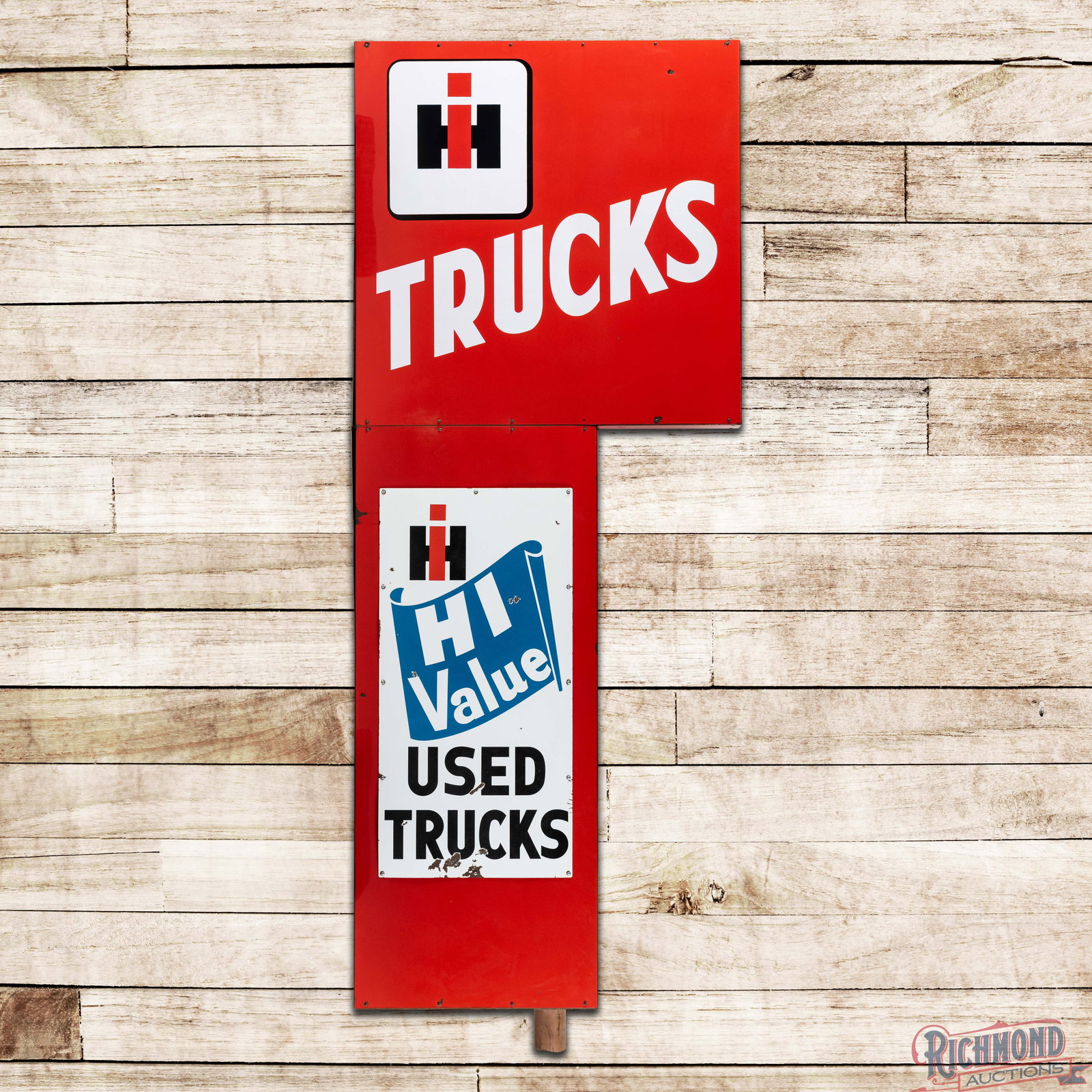 International IH Trucks "Hi Value" Used Trucks Multi-Piece Double Sided Porcelain Sign w/ Logo (1 of 3)