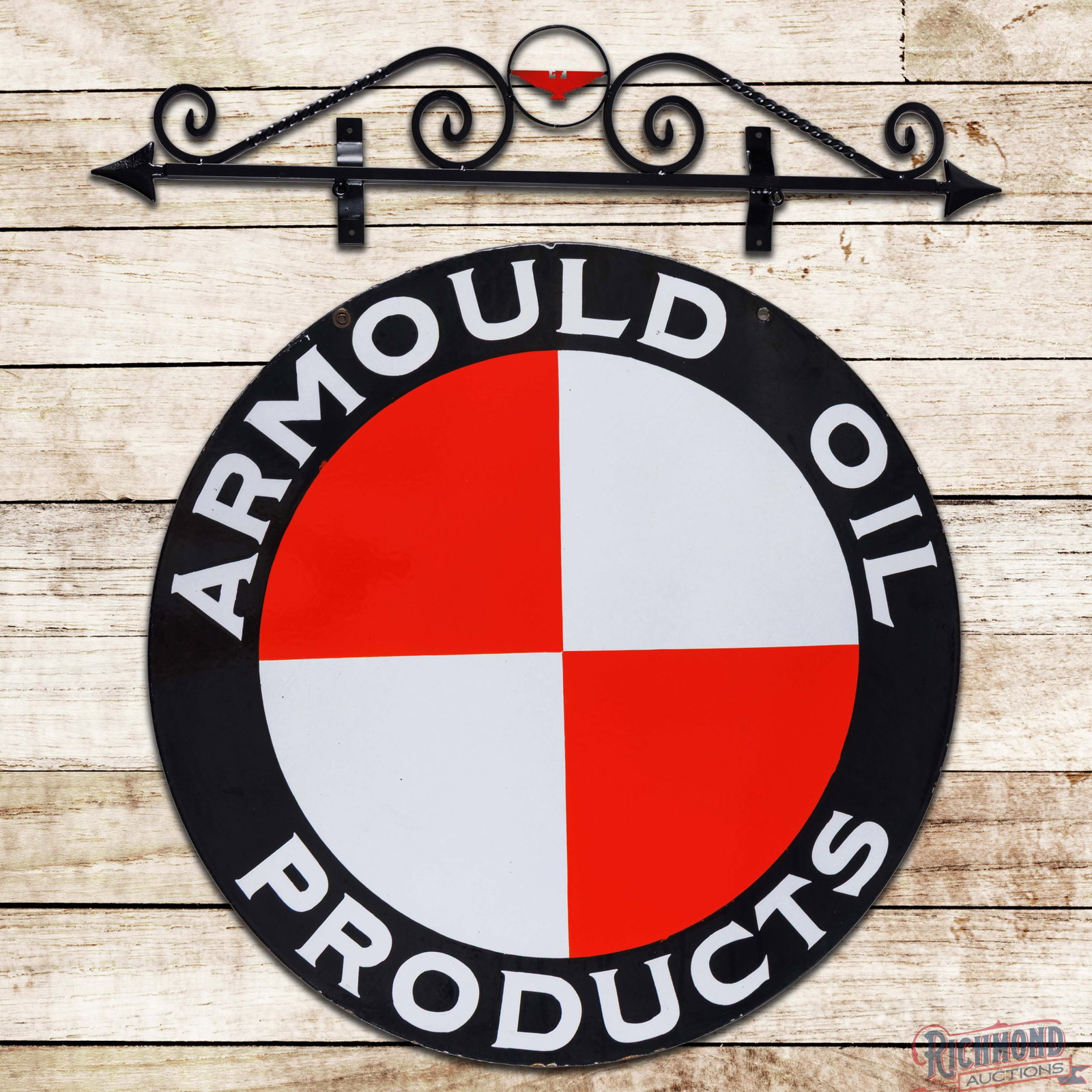 Rare Armould Independent Motor Oil Products 32" Double Sided Porcelain Sign w/ Thunderbird Bracket: DSP (double sided porcelain) sign with a custom Independent Thunderbird hanging bracket has day one color and gloss. Side #1 has an extremely clean field with minor factory imperfections. The perimete