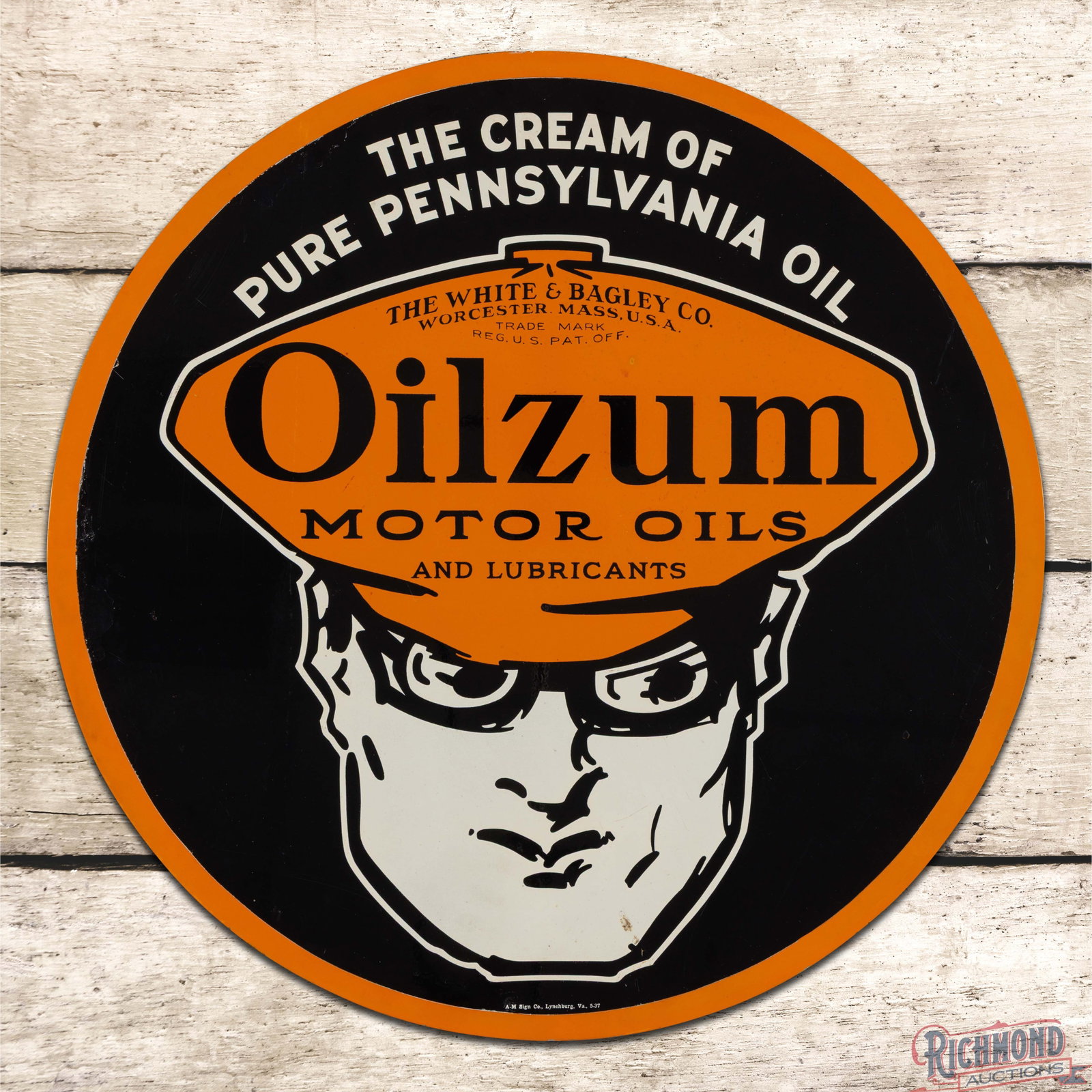 Rare 1937 Oilzum Motor Oils "Cream of Pennsylvania Oil" 24" Double Sided Tin Sign w/ Oswald: DST (double sided tin) sign has excellent color and shine. The display has light wear in the field with an area of discoloration in the lower outer field. The perimeter has areas of color match to the