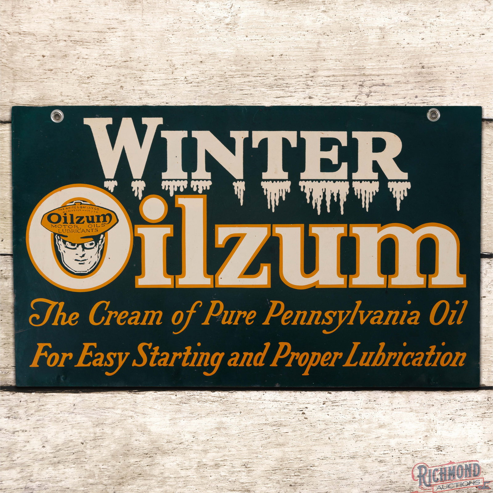 Rare Winter Oilzum "Cream of Pure Pennsylvania" Double Sided Tin Sign w/ Bracket & Oswald: DST (double sided tin) sign with metal bracket has excellent color and shine. The display has light wear with a faint bend below the "I" in Oilzum and small indentations in the outer fields. The perim