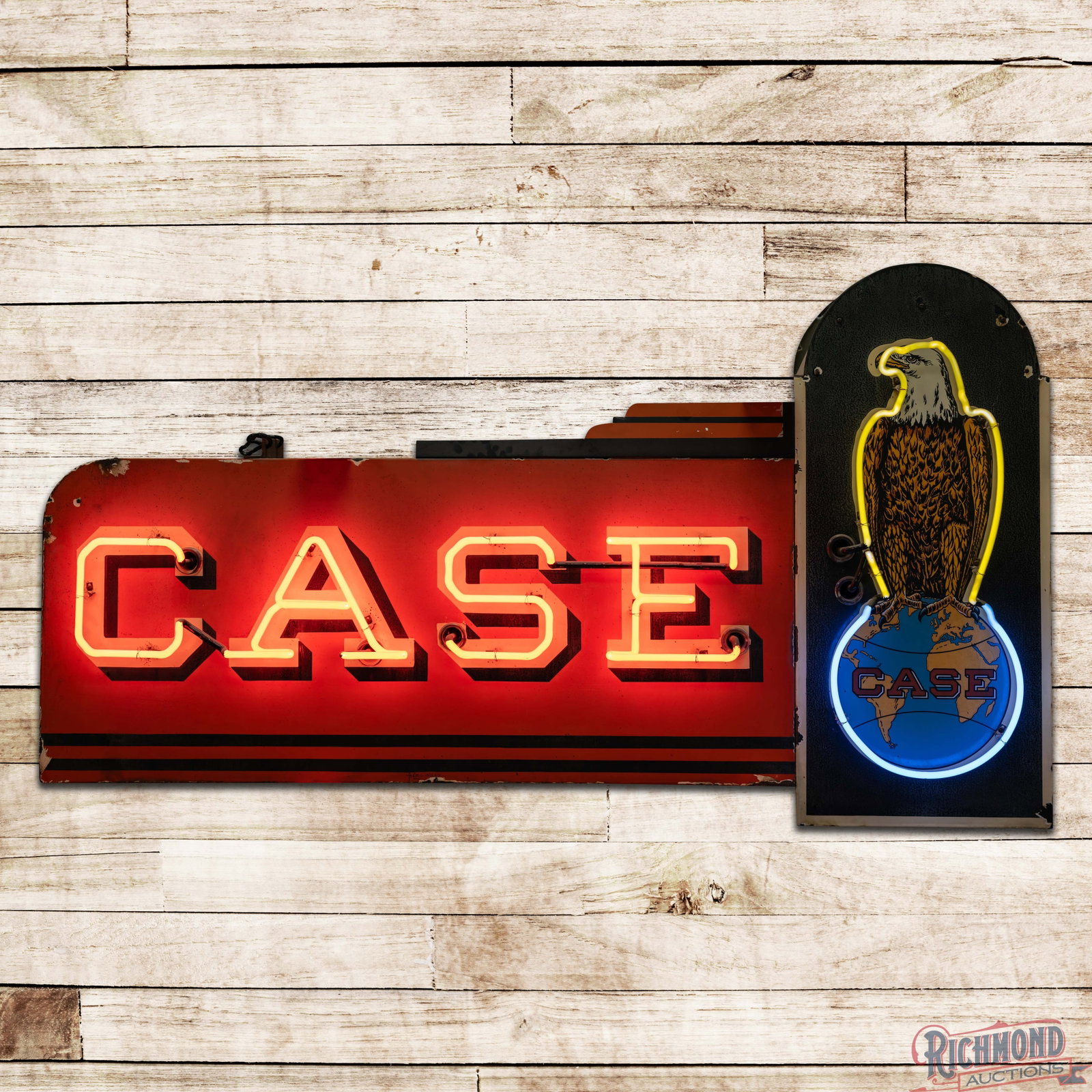 Case Tractors Implements 6' Double Sided Porcelain Factory Neon Sign w/ "Old Abe": DSP (double sided porcelain) factory neon sign with the original metal can has good color and gloss. Side #1 has cloudiness with areas of discoloration and chips along the perimeter. The upper trim is