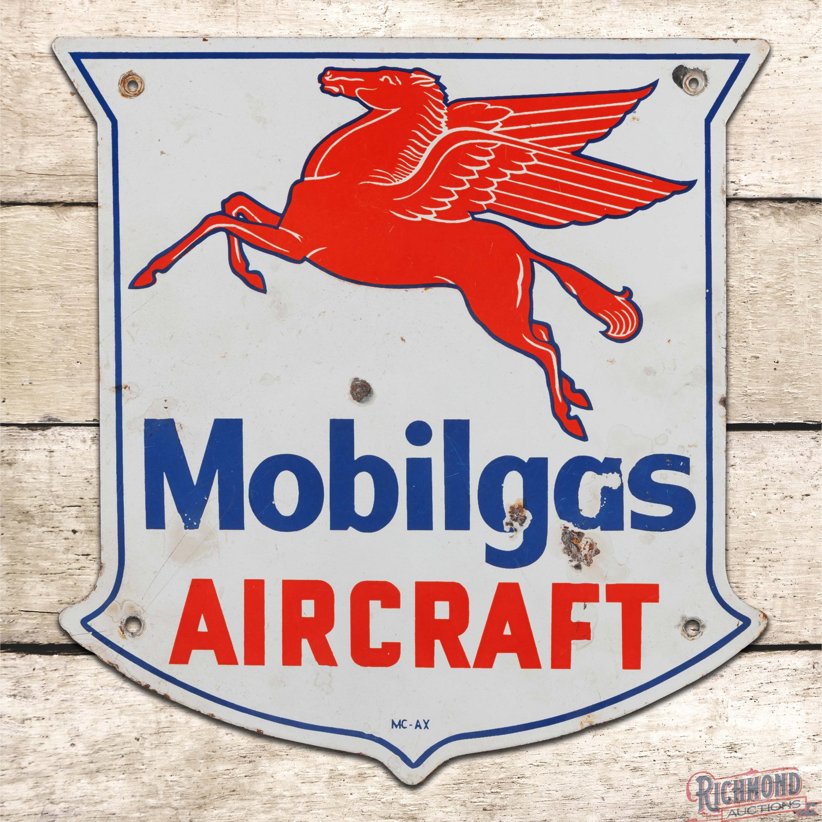 Scarce Mobilgas Aircraft Gasoline Single Sided Porcelain Pump Plate Sign w/ Pegasus: SSP (single sided porcelain) pump plate has good color and moderate gloss. The fields have general wear with chips, discoloration, and areas of lower gloss. The perimeter has chips with wear along the